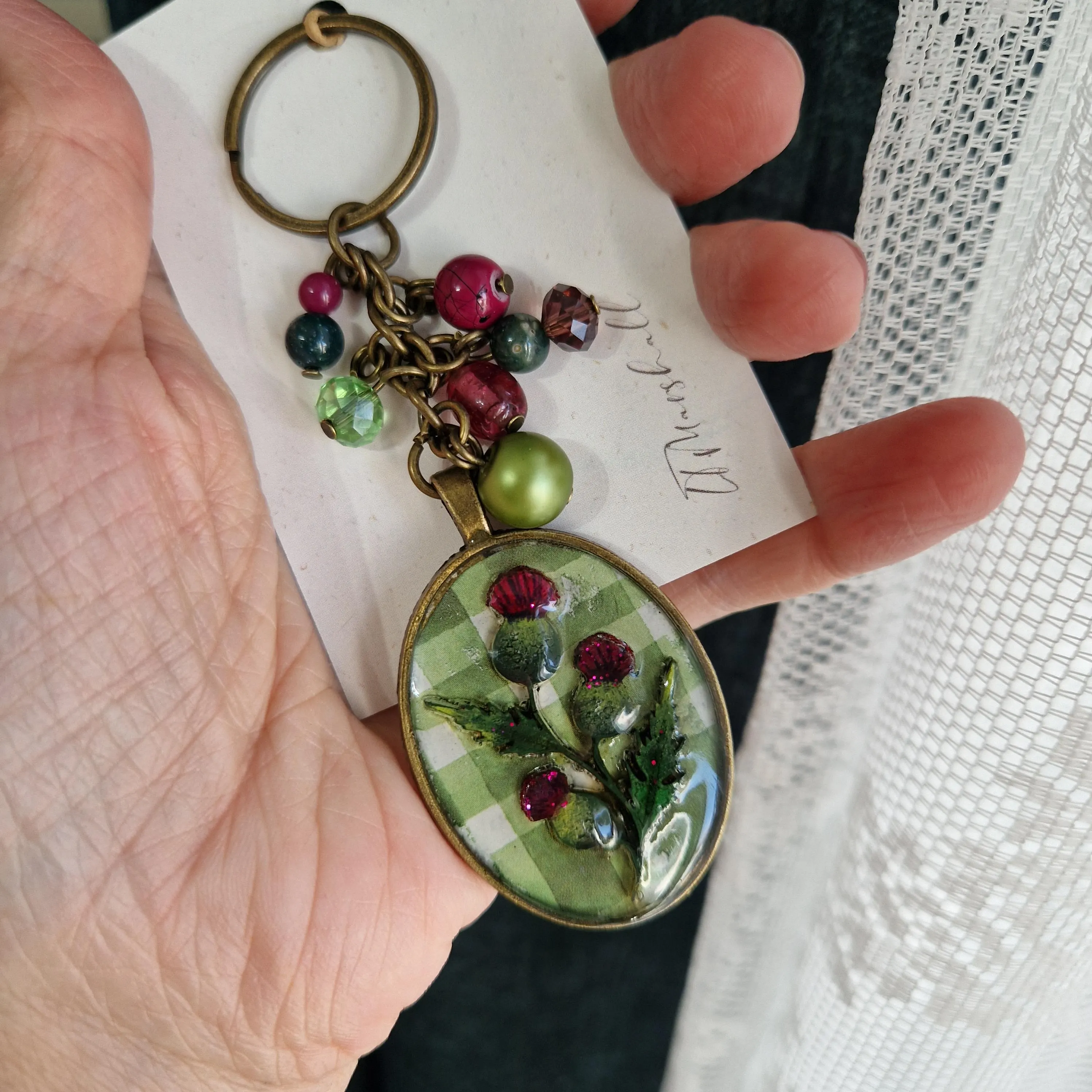 Thistle Keyring | Handmade Resin, Wood & Metal Keychain | Scottish Wildflower Accessory