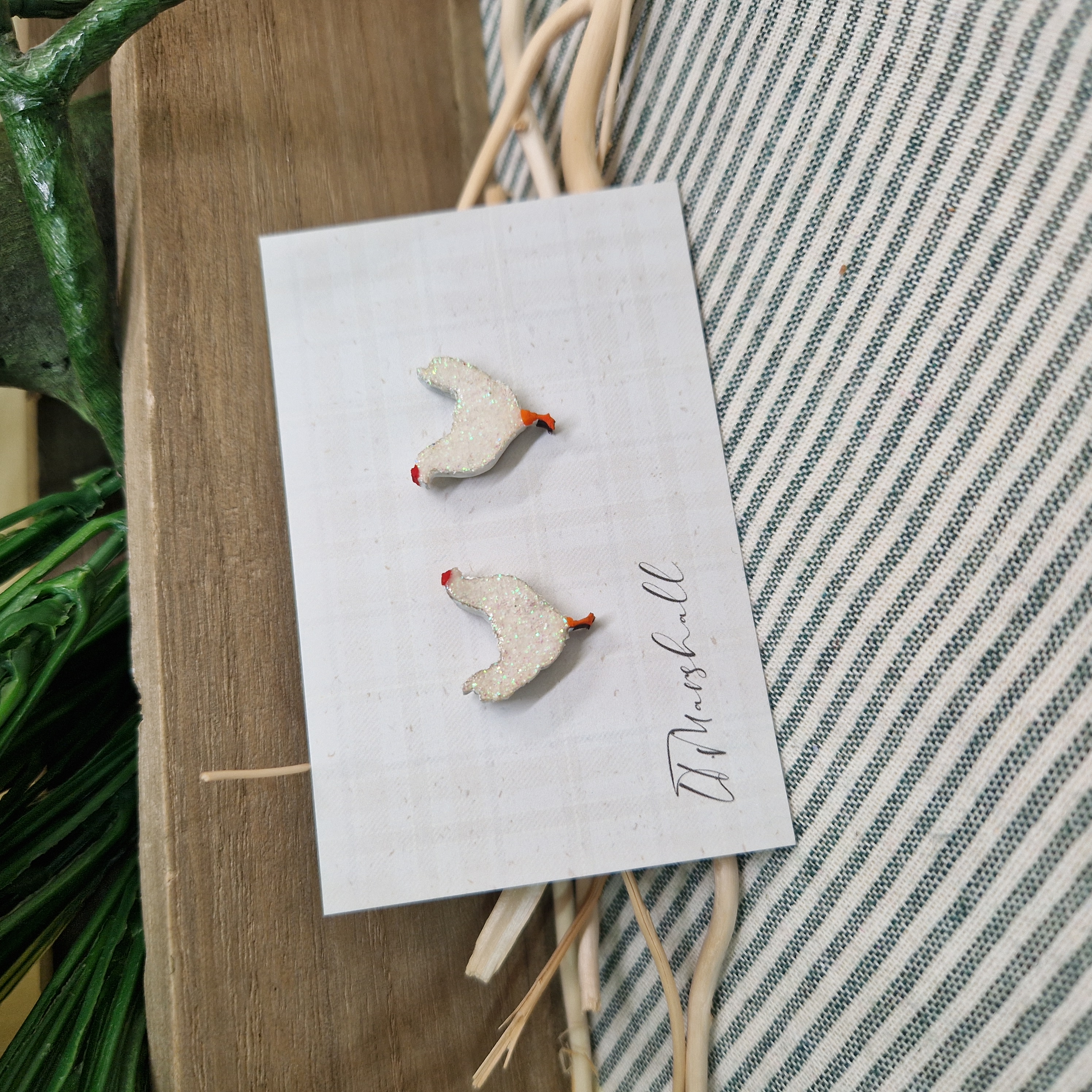 Handmade Chicken Earrings in Wood and Glitter – Farm Animal Studs, Cottagecore Folk Jewelry