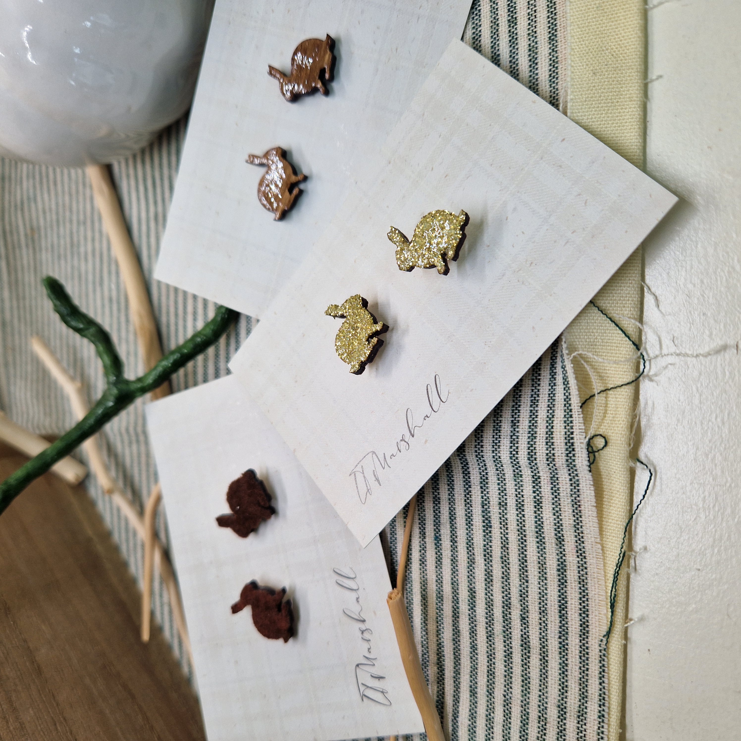 Handmade Bunny Earrings – Wooden Studs in Flocked, Glitter or Stained Finish, Cottagecore Jewelry