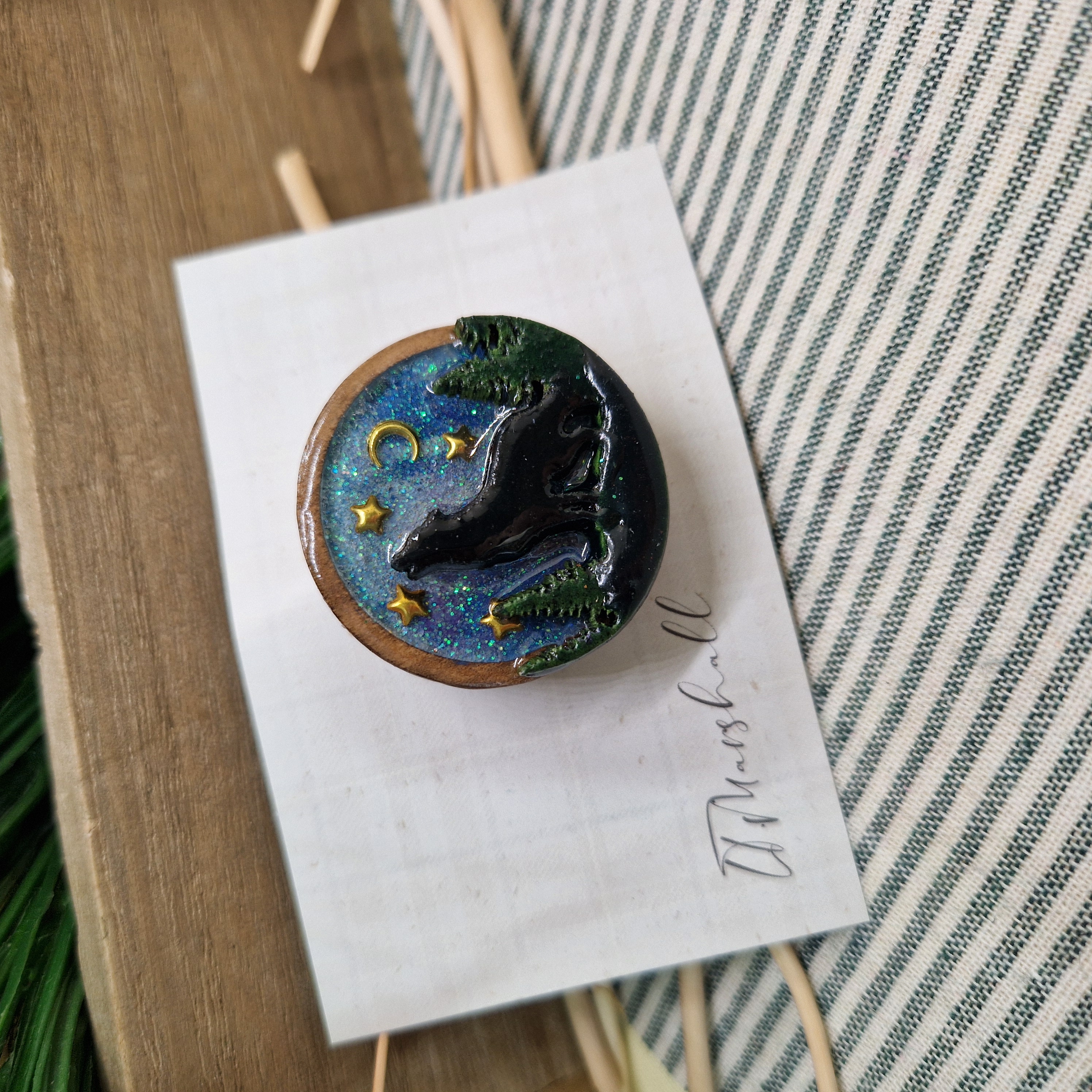 Handmade Wolf Brooch in Wood and Resin – Howling Wolf Night Sky Pin, Celtic Mythology Gift
