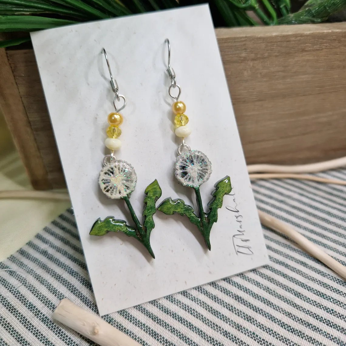 Dandelion Earrings | Handmade Wood & Resin Botanical Jewelry | Reclaimed Bead Drops