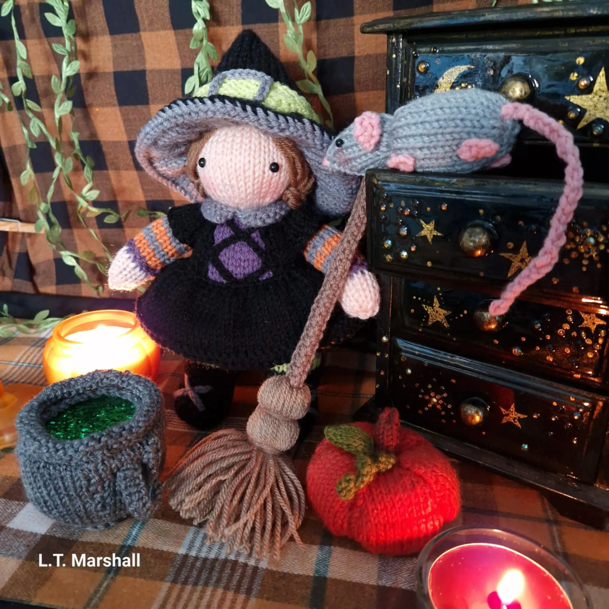 Witch Doll Playset Knitting Pattern – Flat-Knit Witch, Rat, Broom, Cauldron & Pumpkin PDF
