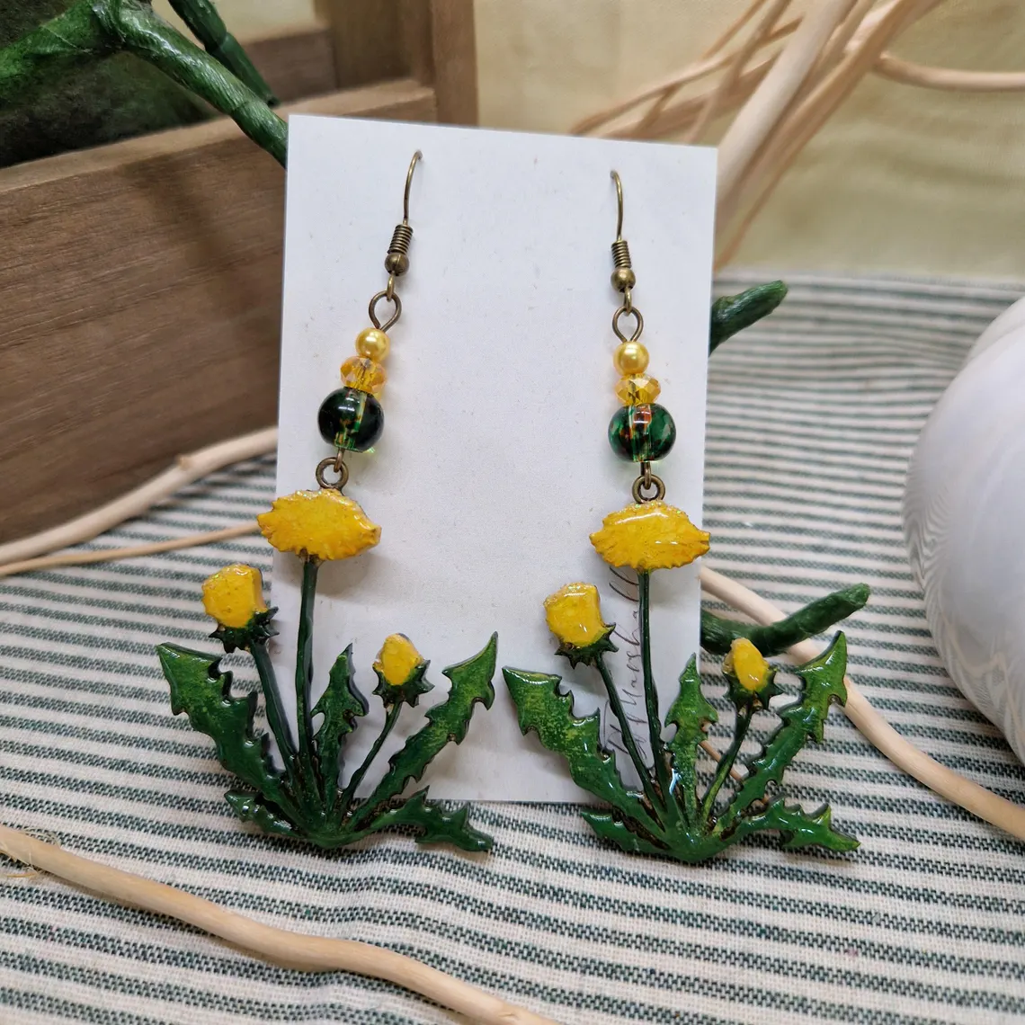 Dandelion Earrings | Handmade Wood & Resin Botanical Jewelry | Reclaimed Bead Drops