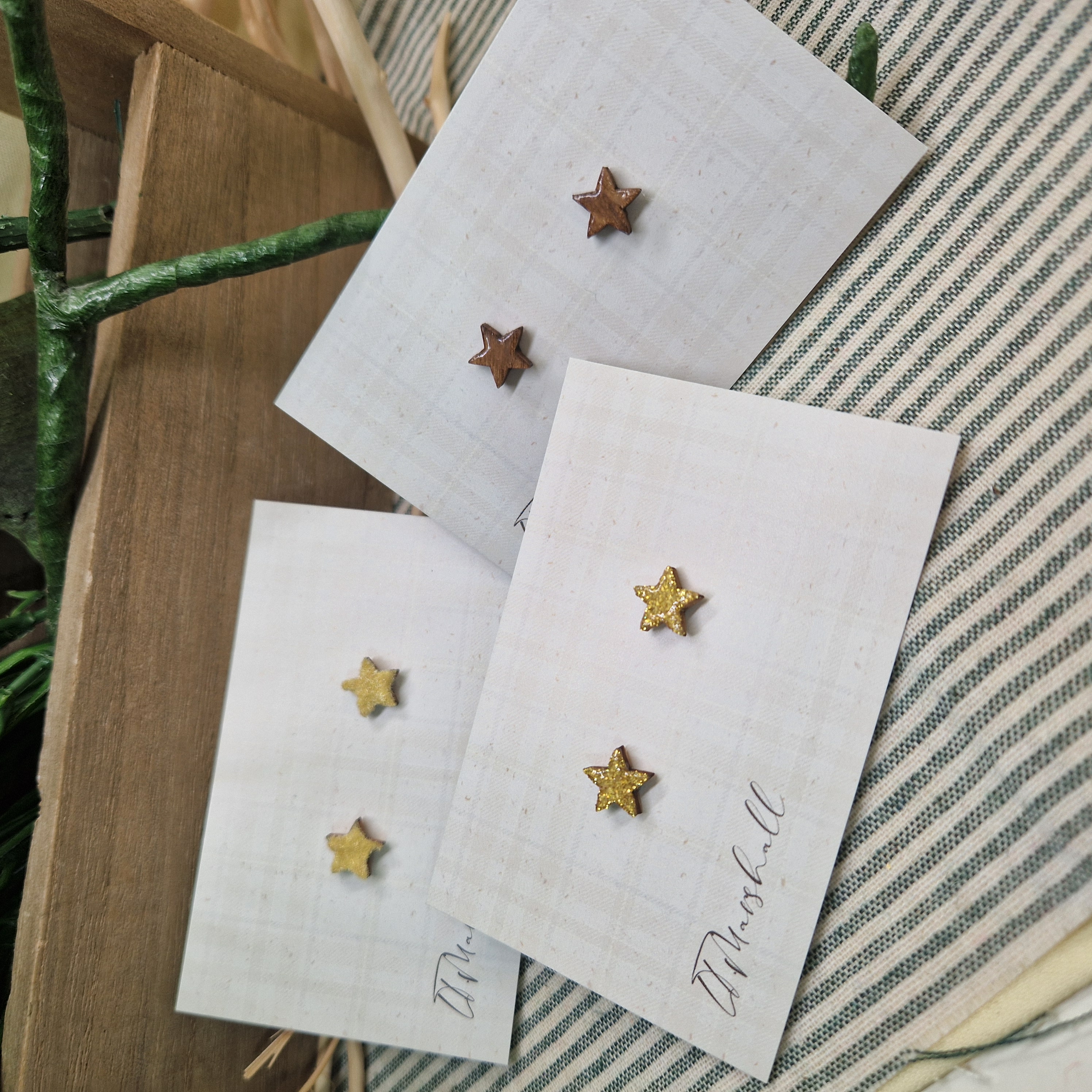 Handmade Star Earrings – Wooden Studs in Flocked, Glitter or Stained Finish, Celestial Jewelry