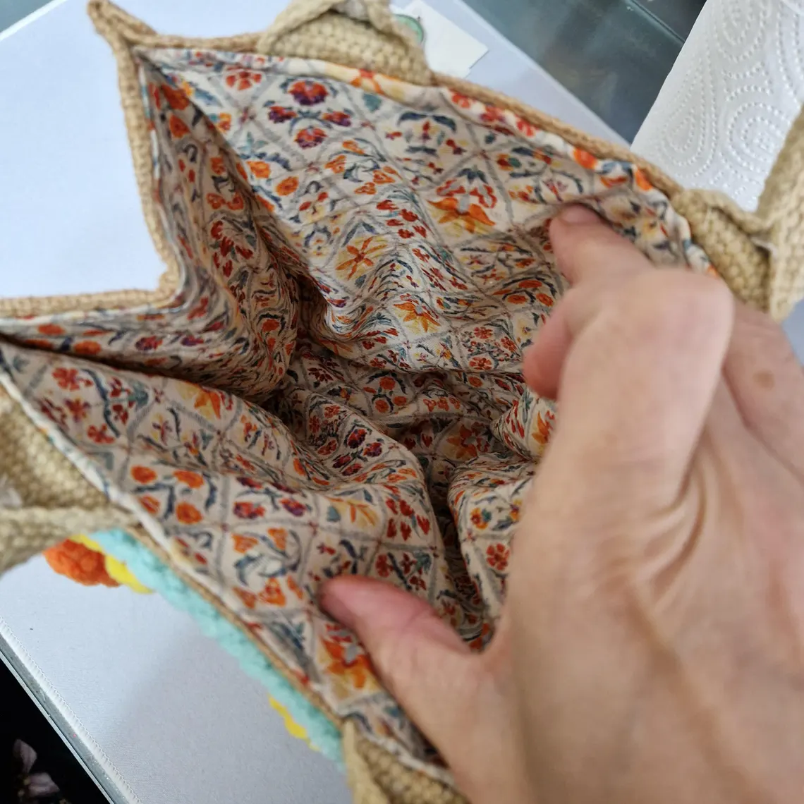 Embellished Hessian Lunch Bag with Crochet Daffodils – Handmade Spring Tote | One of a Kind