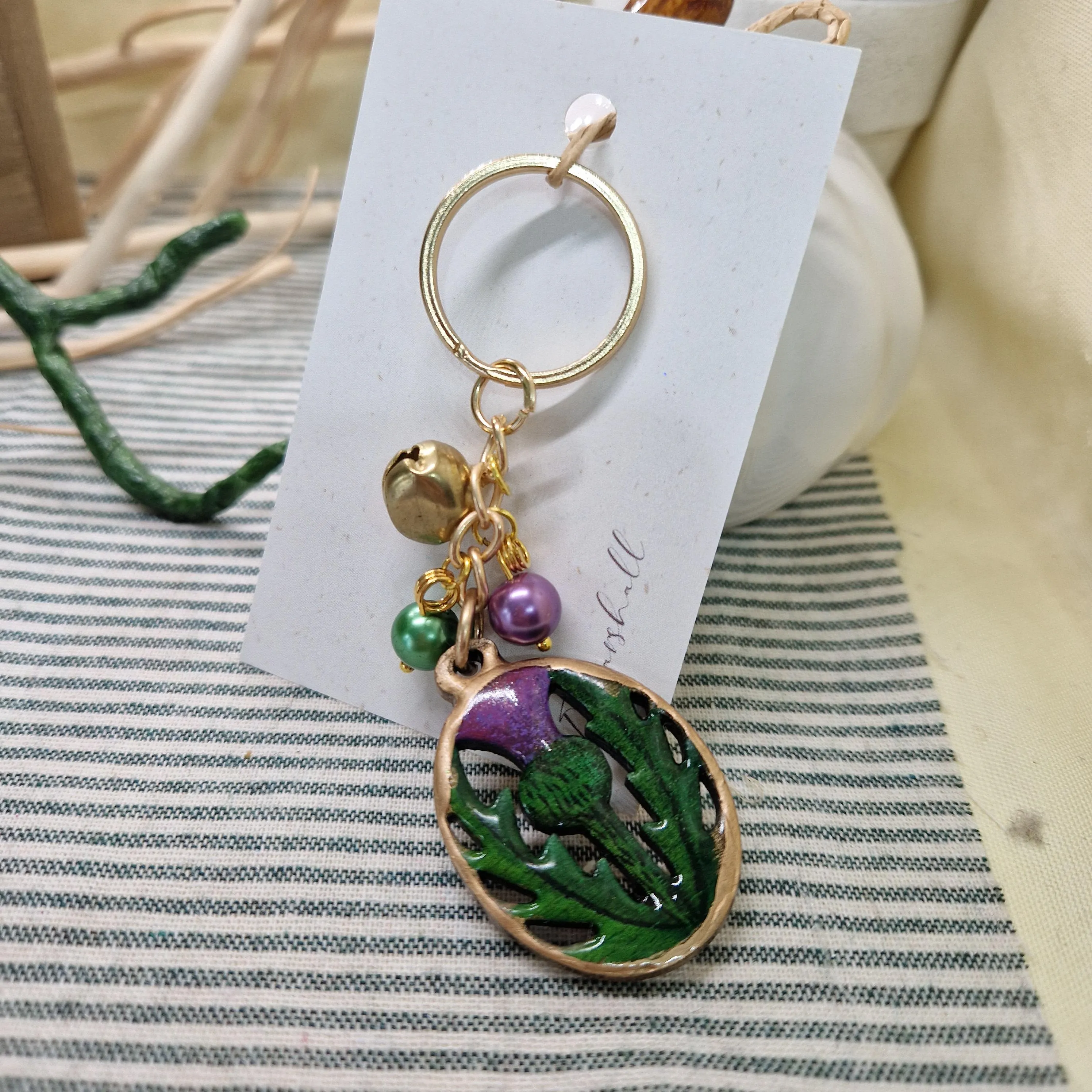 Handmade Thistle Keyring – Wood & Resin with Bell and Reclaimed Beads