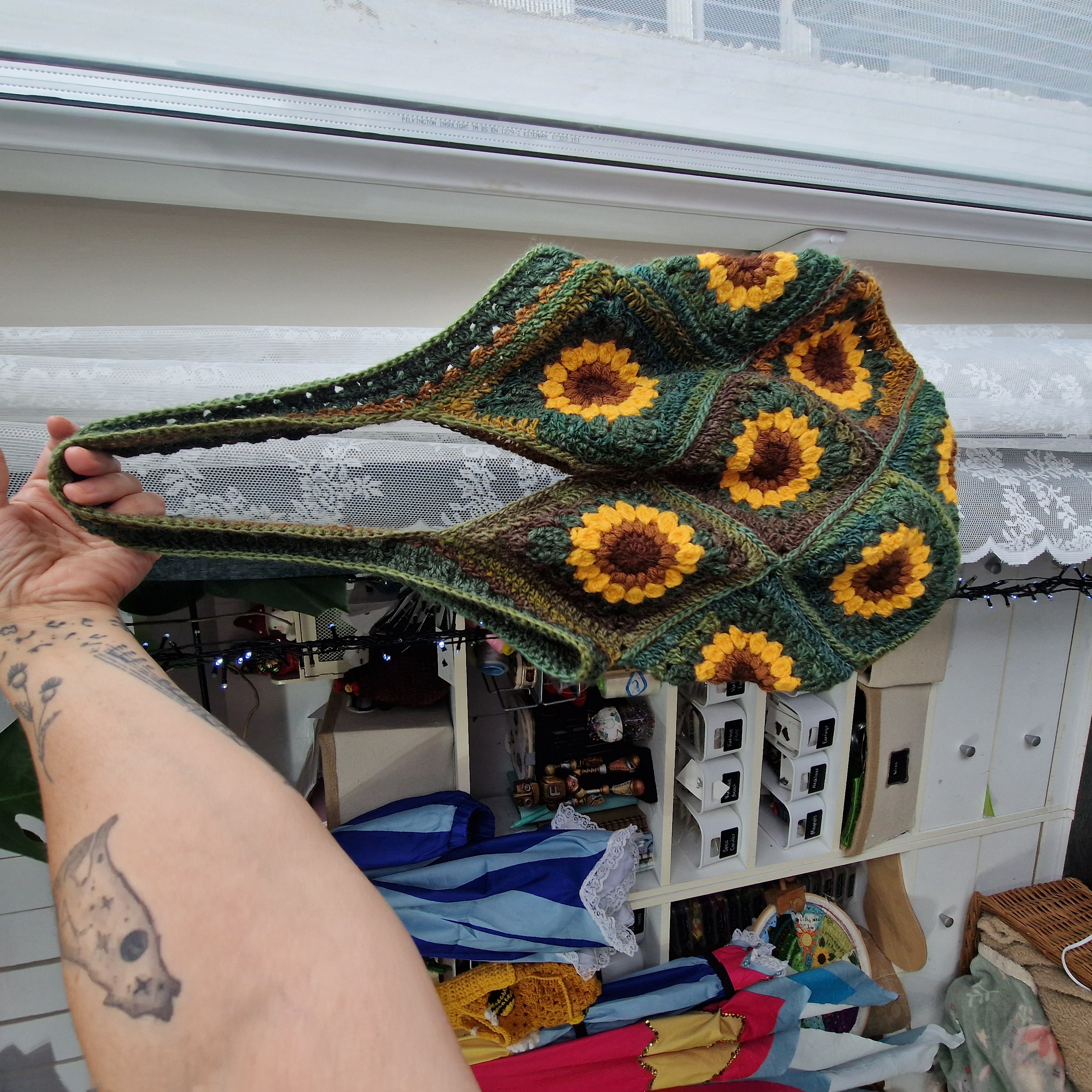 Handmade Sunflower Crochet Bag – Granny Square Tote, Boho Folk Art Shoulder Bag