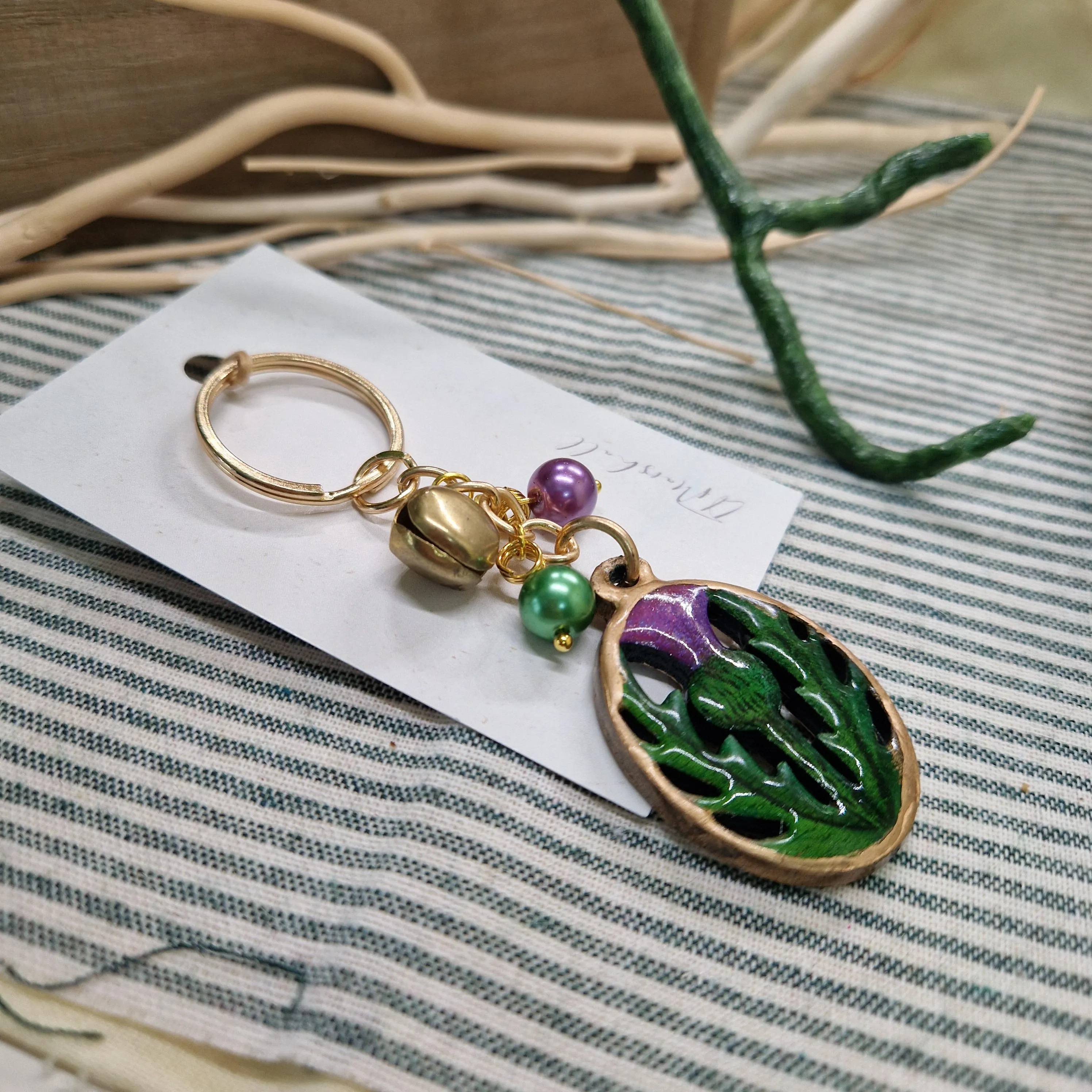 Handmade Thistle Keyring – Wood & Resin with Bell and Reclaimed Beads