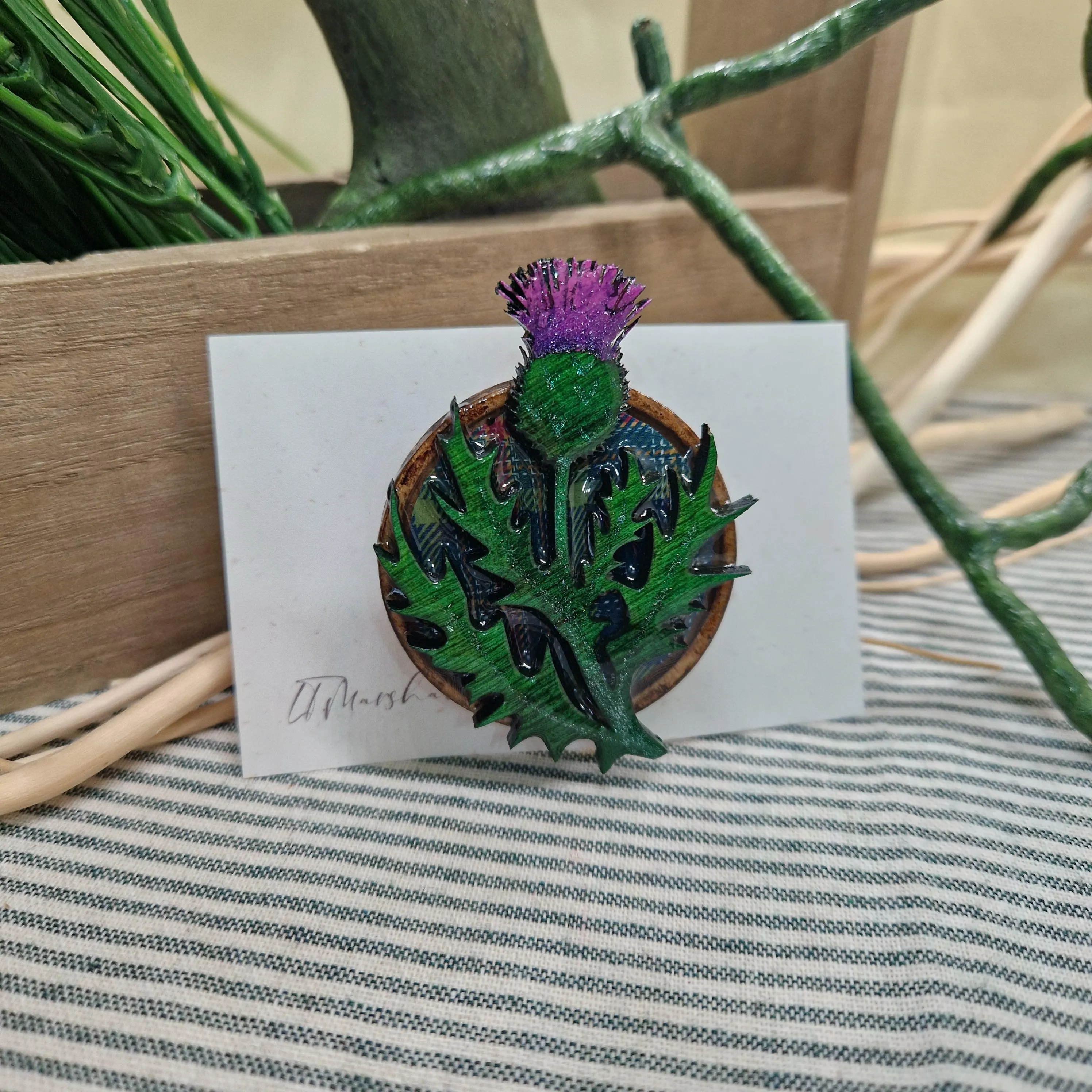 Handmade Scottish Thistle Brooch – Wood, Resin & Tartan Inlay | Made in Scotland