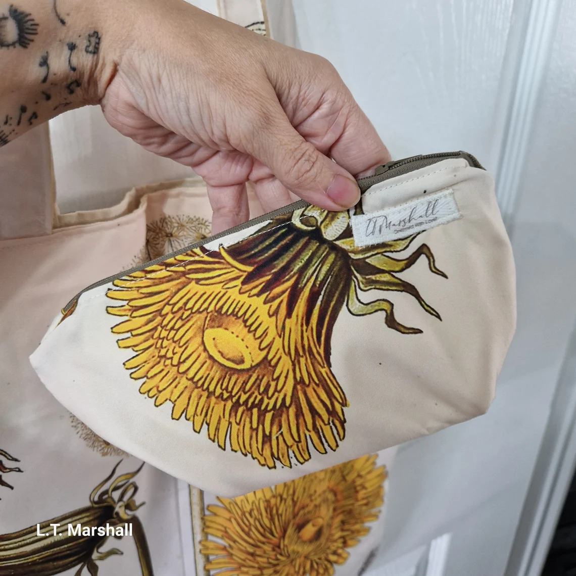 Dandelion Lined Tote Bag with Matching Pouch – Upcycled Botanical Tote Set