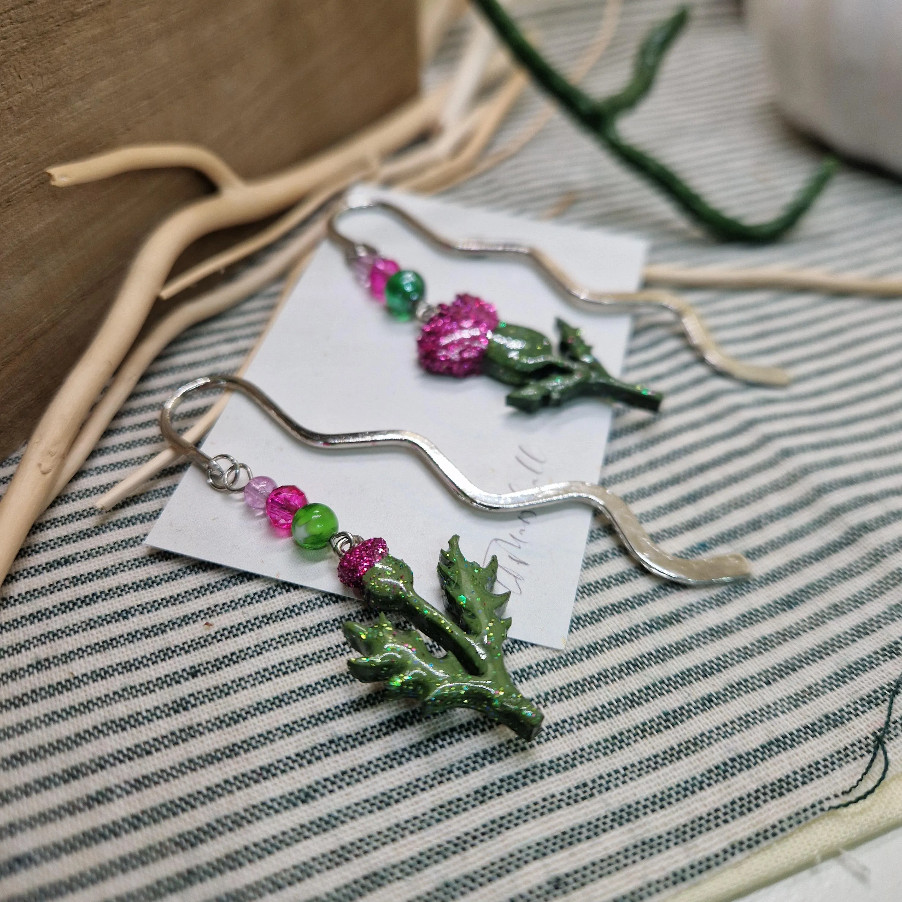 Sparkly Thistle Bookmark – Resin Scottish Flower with Beads | Handmade Botanical Page Marker