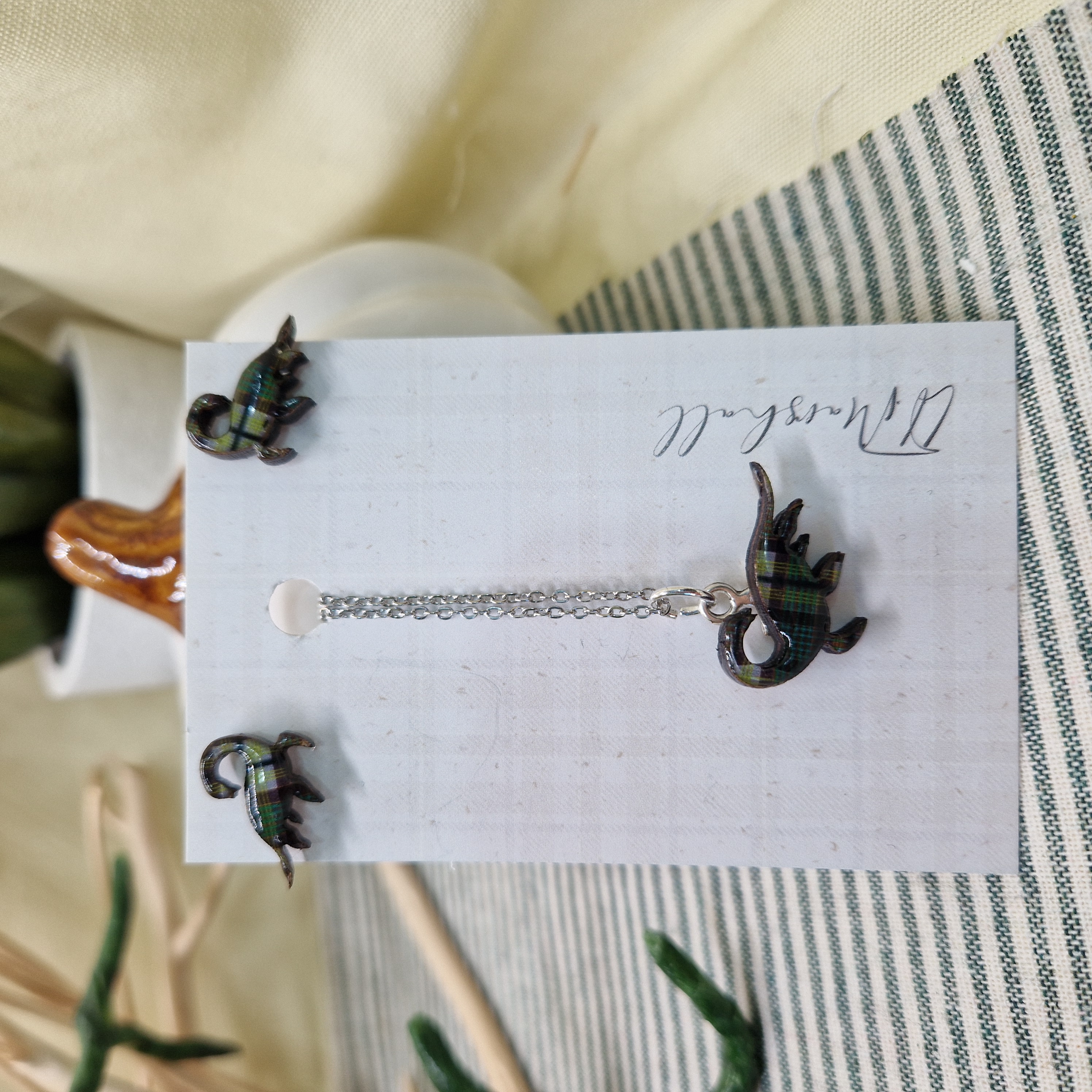 Handmade Loch Ness Monster Earrings and Necklace Set – Scottish Tartan Resin Jewellery