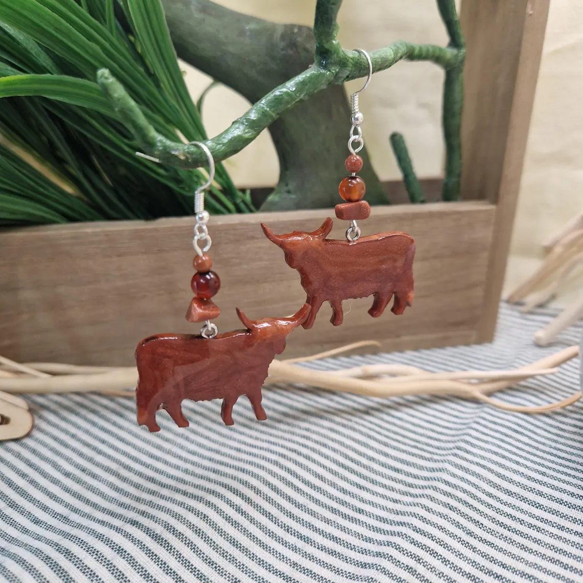 Highland Cow Earrings – Handmade Resin & Wood Scottish Jewelry