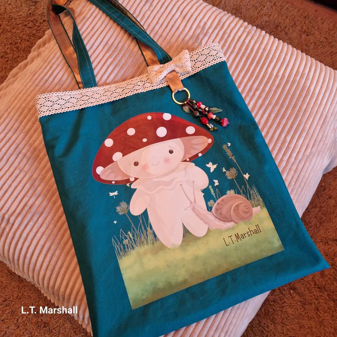 Shroomie Original Art Lined Tote Bag | Teal Mushroom & Snail Illustration with Lace Trim