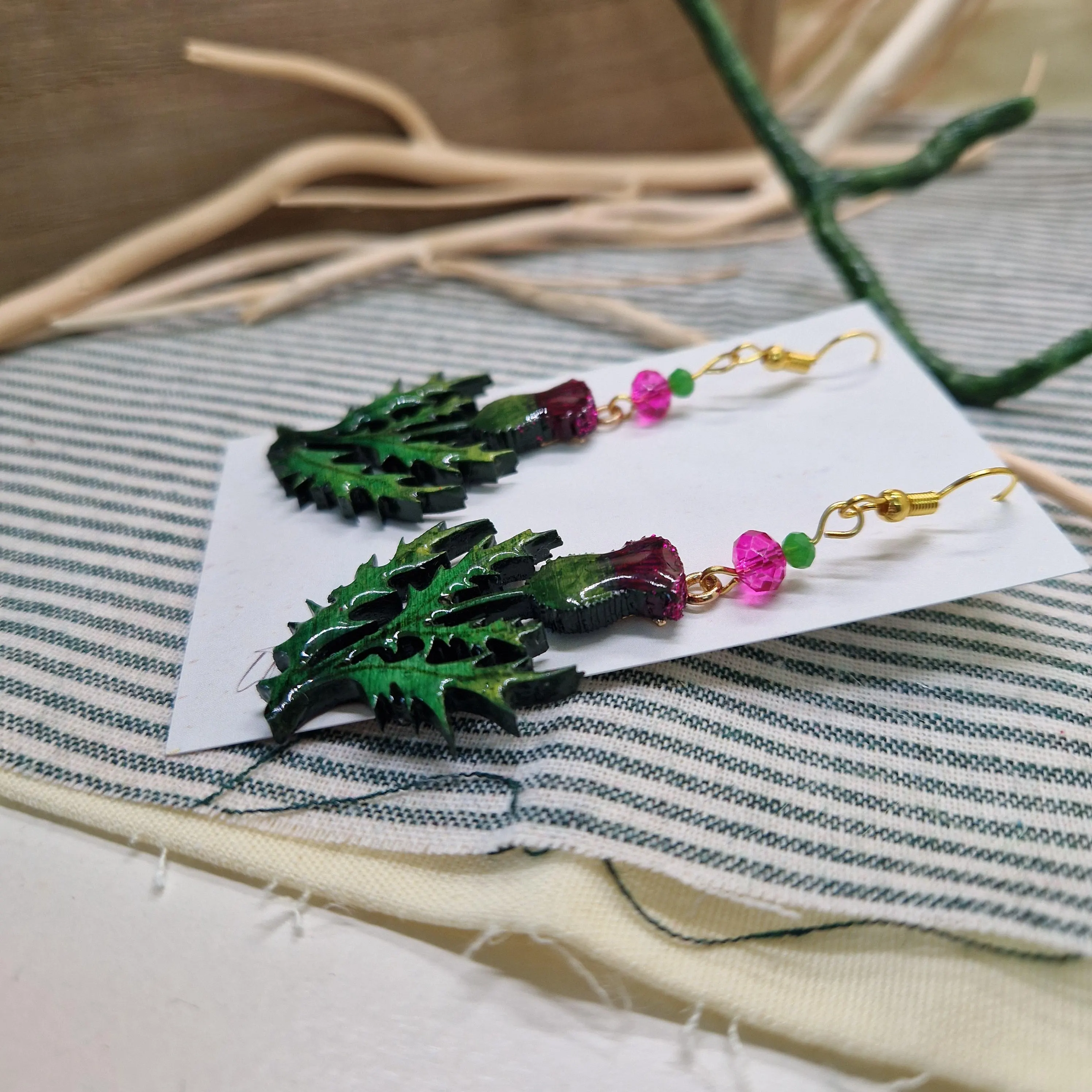 Handmade Thistle Earrings – Wooden & Resin Enamel with Vintage Glass Beads | Botanical Earrings | Scottish Flower Jewellery | Choose style