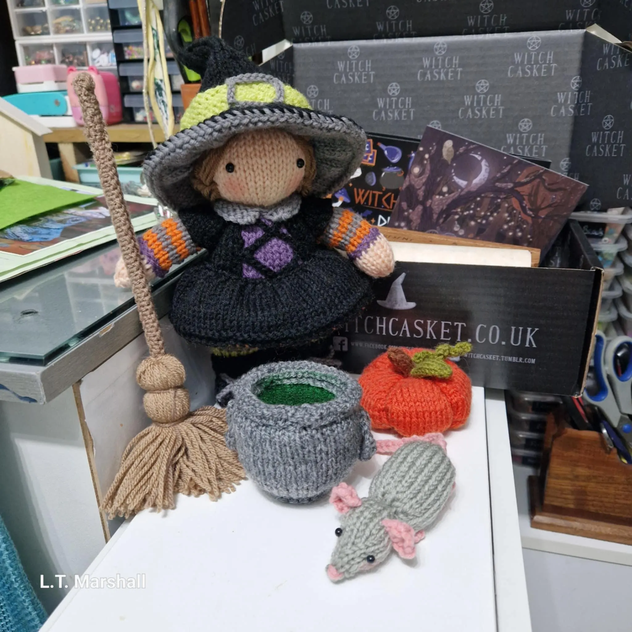 Witch Doll Playset Knitting Pattern – Flat-Knit Witch, Rat, Broom, Cauldron & Pumpkin PDF