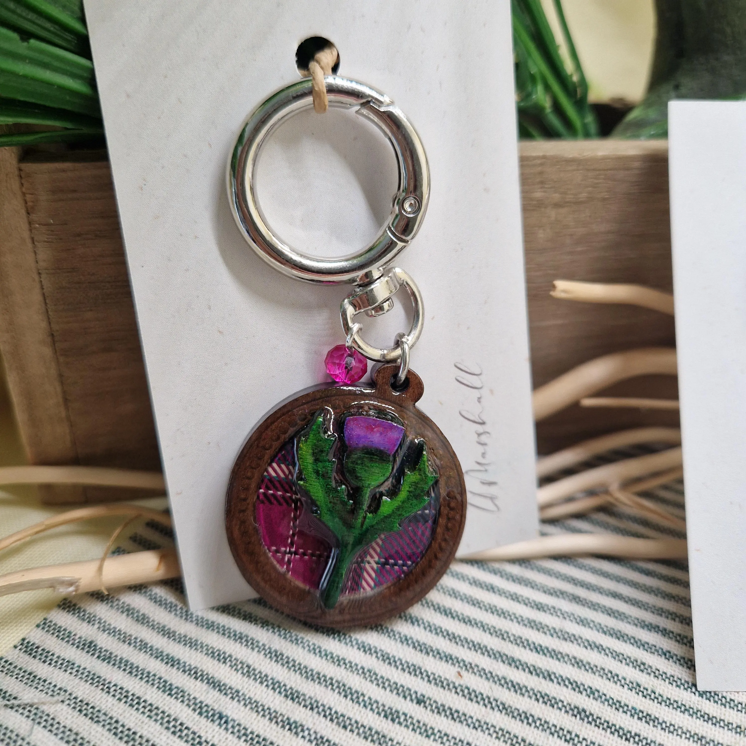 Scottish Thistle Keychain – Resin & Wood Charm with Tartan Fabric Accent | Handmade Scotland Gift