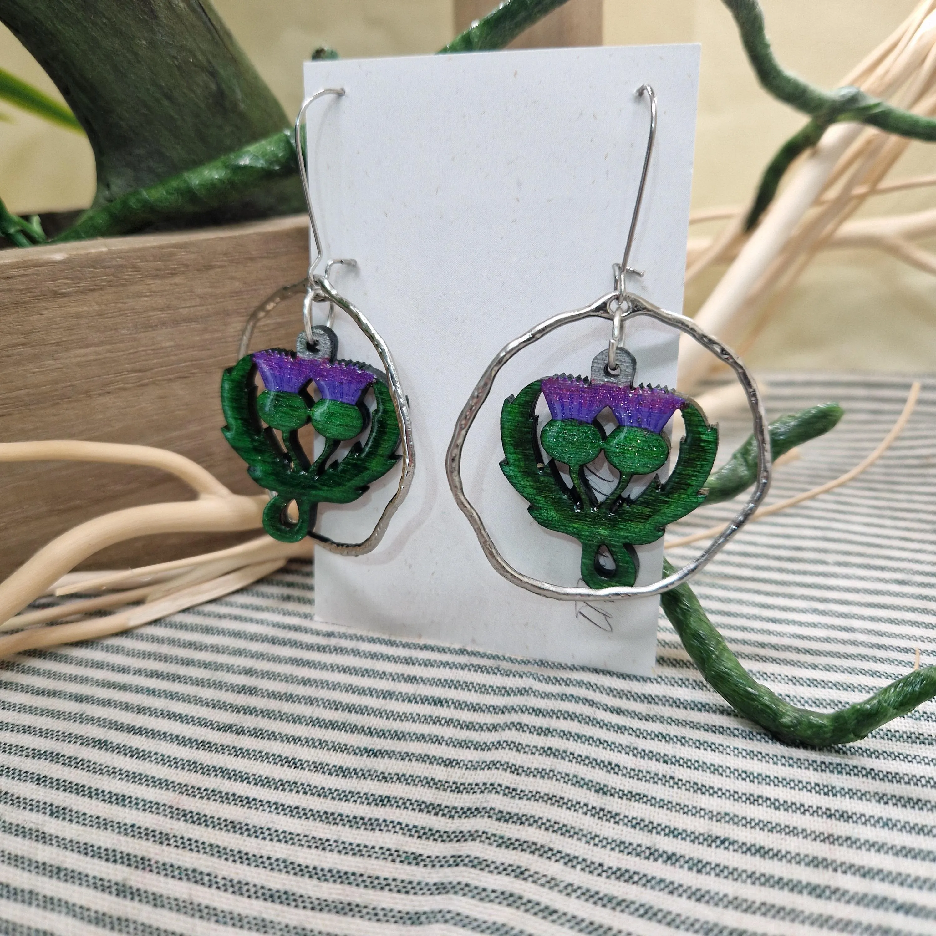 Scottish Thistle Earrings – Wood & Resin Statement Earrings – Lightweight Metal Hoop Dangles – Handmade Scotland Gift