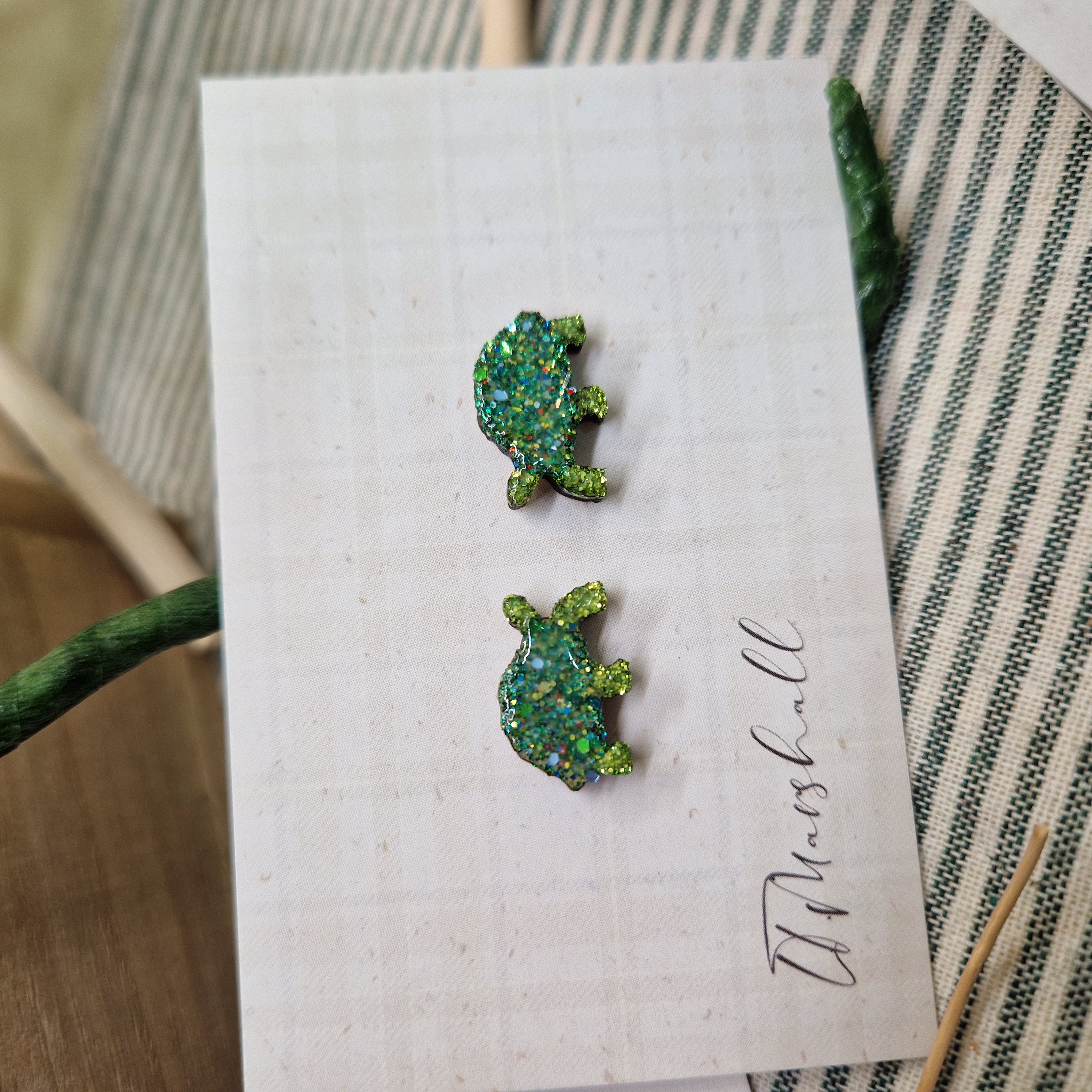 Handmade Tortoise Earrings – Wooden Studs in Flocked, Glitter, Coloured or Stained Finish, Quirky Animal Jewelry