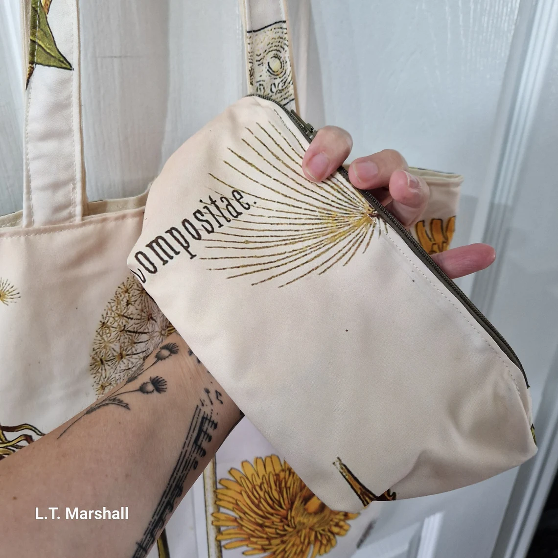 Dandelion Lined Tote Bag with Matching Pouch – Upcycled Botanical Tote Set