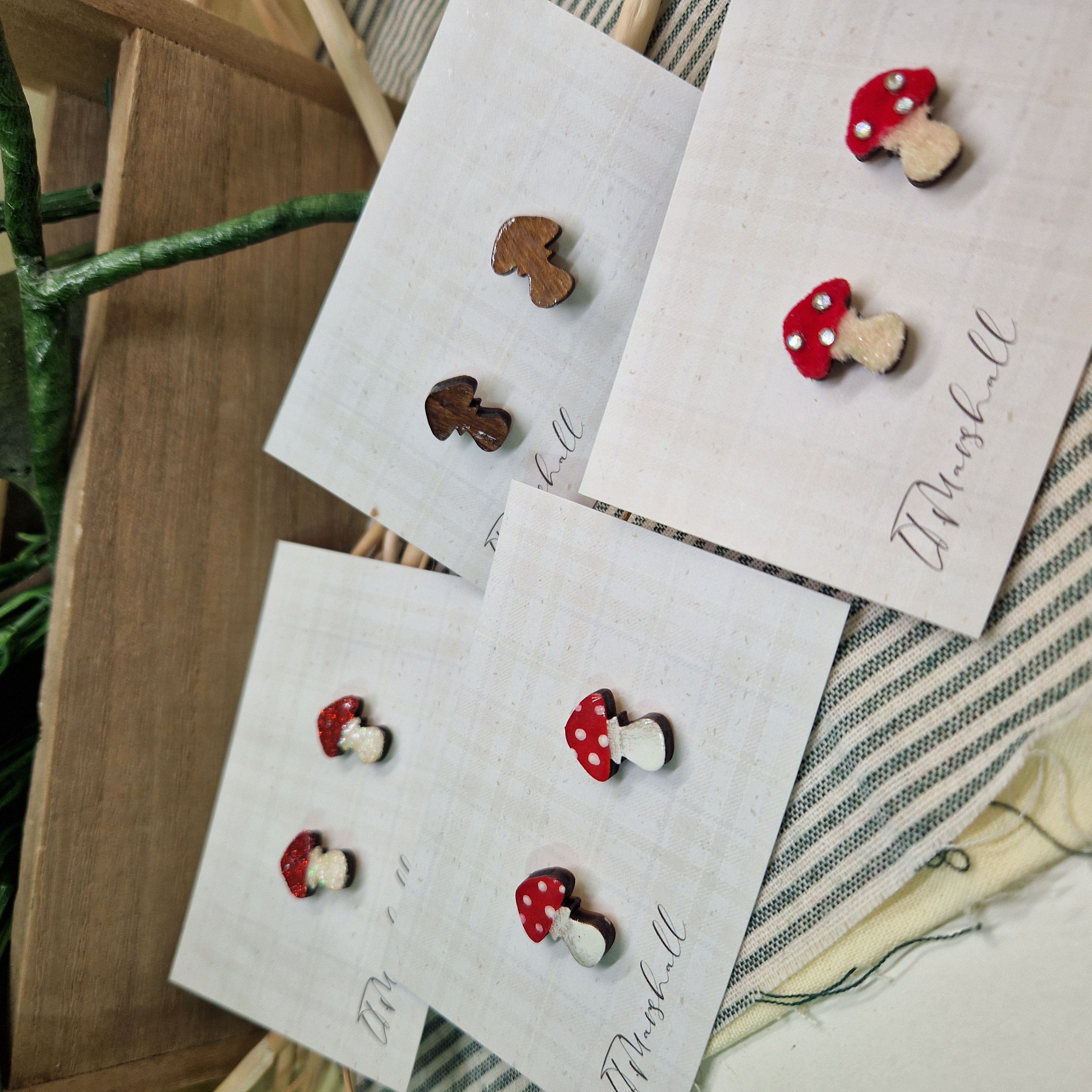 Handmade Toadstool Earrings – Wooden Studs in Flocked, Glitter, Coloured or Stained Finish, Cottagecore Jewelry