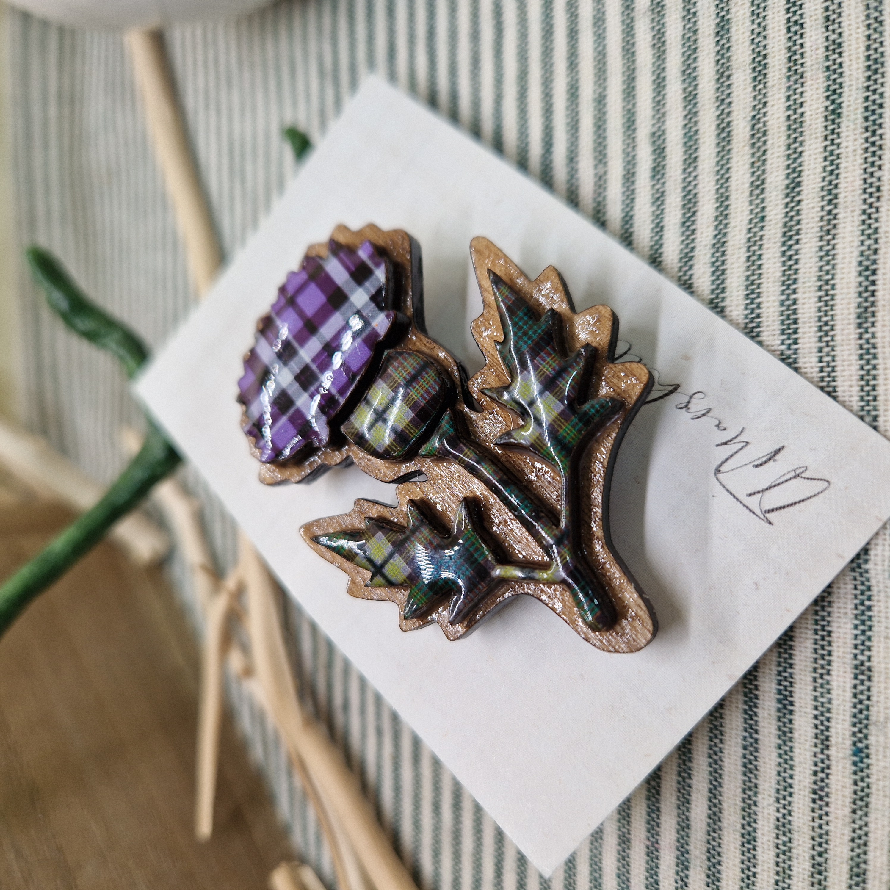 Handmade Scottish Thistle Brooch in Tartan Wood and Resin – Unique Scottish Gift, Celtic Heritage Pin