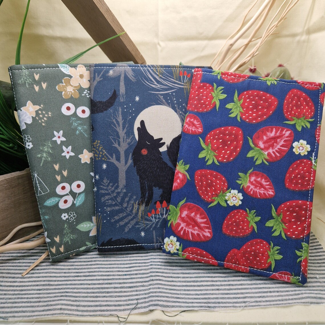 Handmade A6 Eco-Friendly Fabric Notebook | Sustainable Recycled Paper Journal in Wolf, Strawberry & Floral Designs