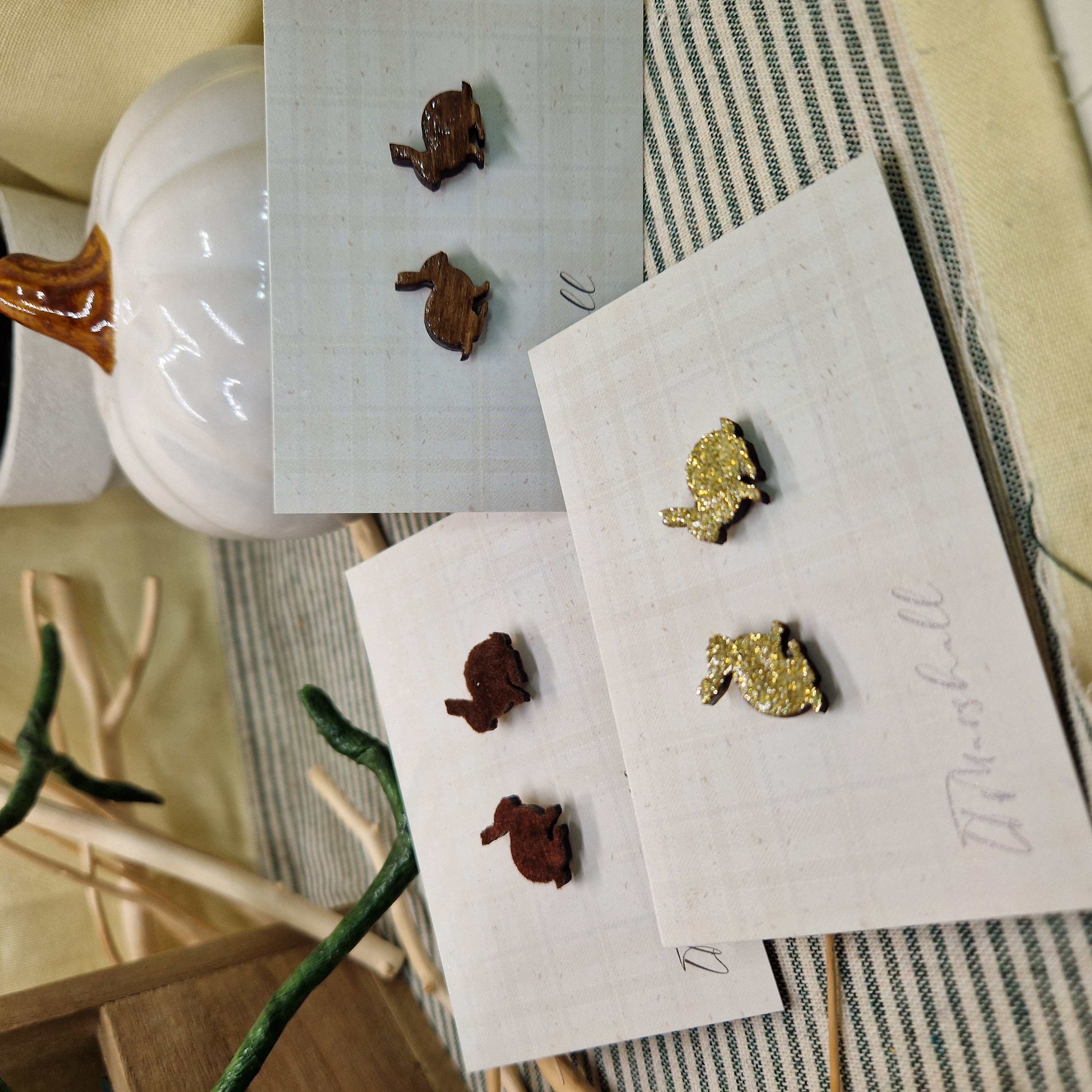 Handmade Bunny Earrings – Wooden Studs in Flocked, Glitter or Stained Finish, Cottagecore Jewelry