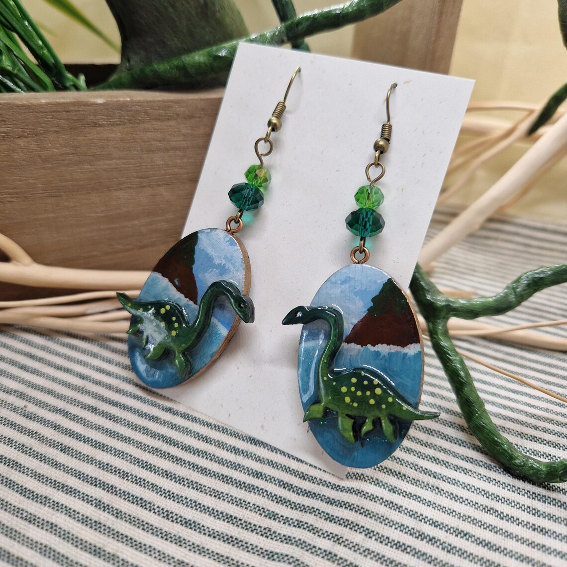 Loch Ness Monster Earrings – Hand Painted Wood and Resin Dangle – Nessie Scene Jewelry – Scottish Artist Gift – Mythical Creature Earrings