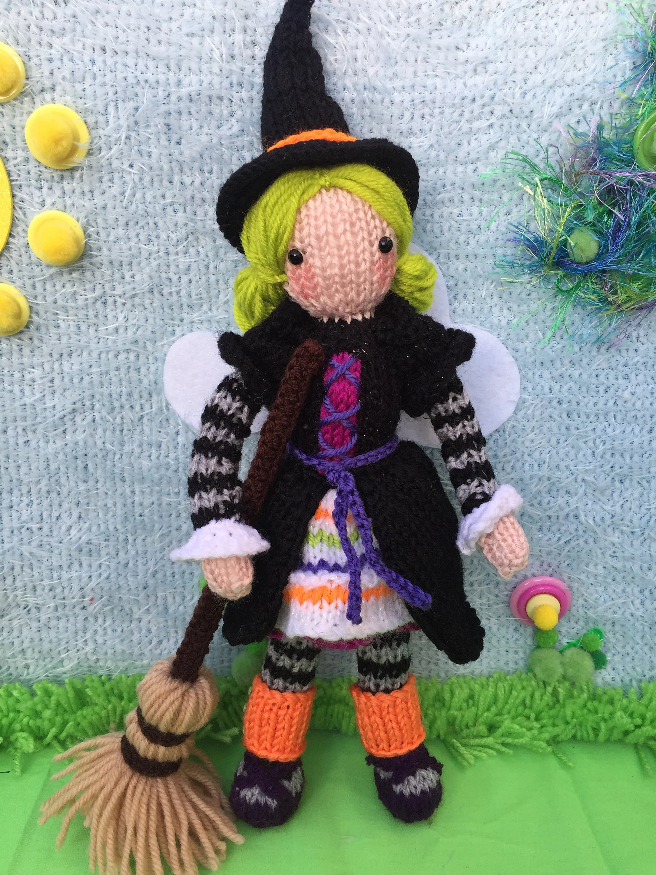 Willow the Witch Doll Knitting Pattern – Flat‑Knit Witch Plush with Broom PDF