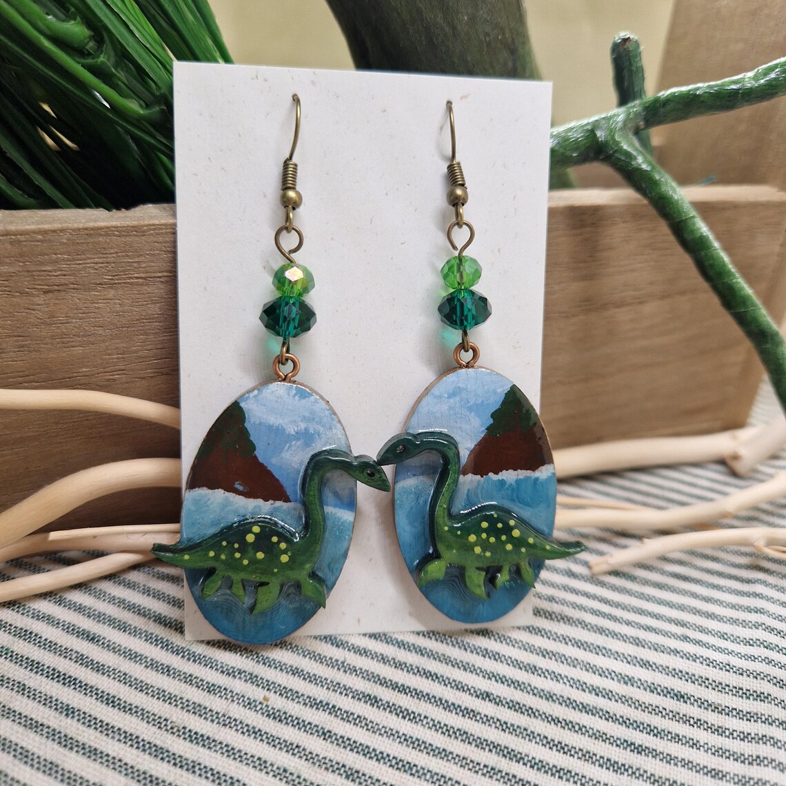 Loch Ness Monster Earrings – Hand Painted Wood and Resin Dangle – Nessie Scene Jewelry – Scottish Artist Gift – Mythical Creature Earrings