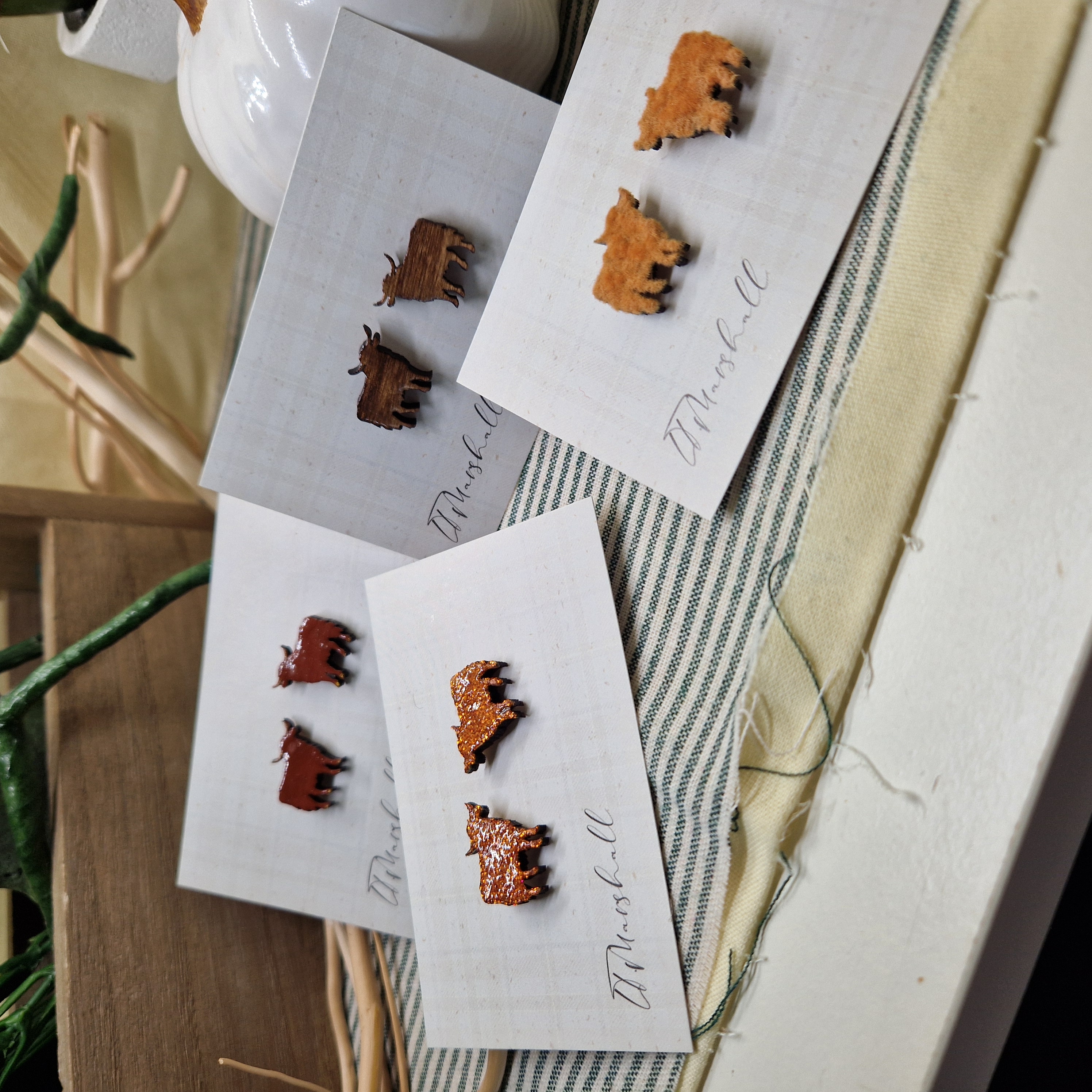 Handmade Highland Cow Earrings – Wooden Studs in Flocked, Glitter, Coloured or Stained Finish, Scottish Jewelry