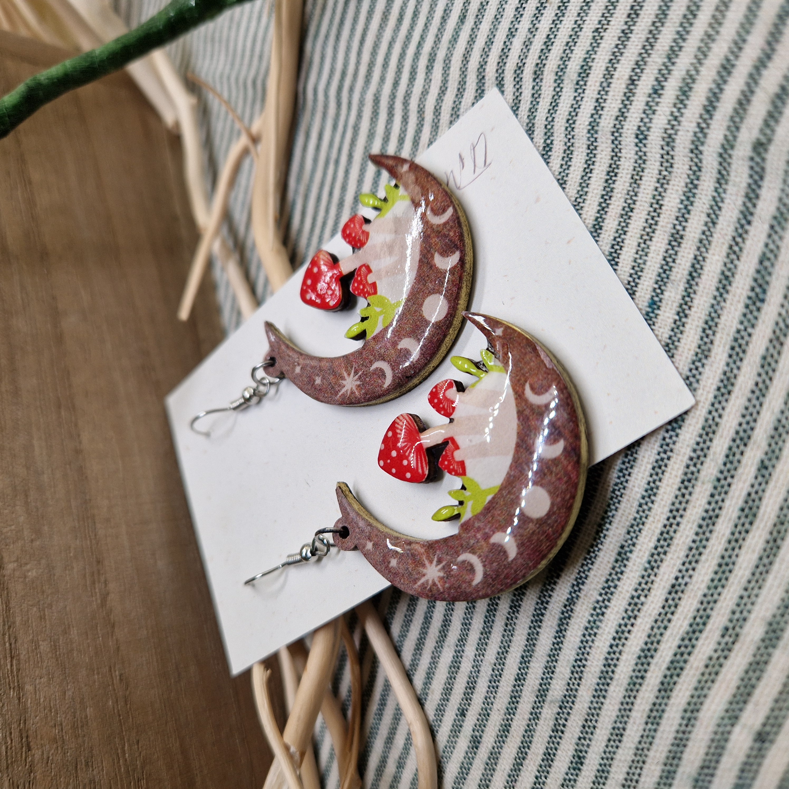 Handmade Mushroom Moon Earrings – Wooden Toadstool Crescent Drop Earrings, Cottage Witch Jewelry