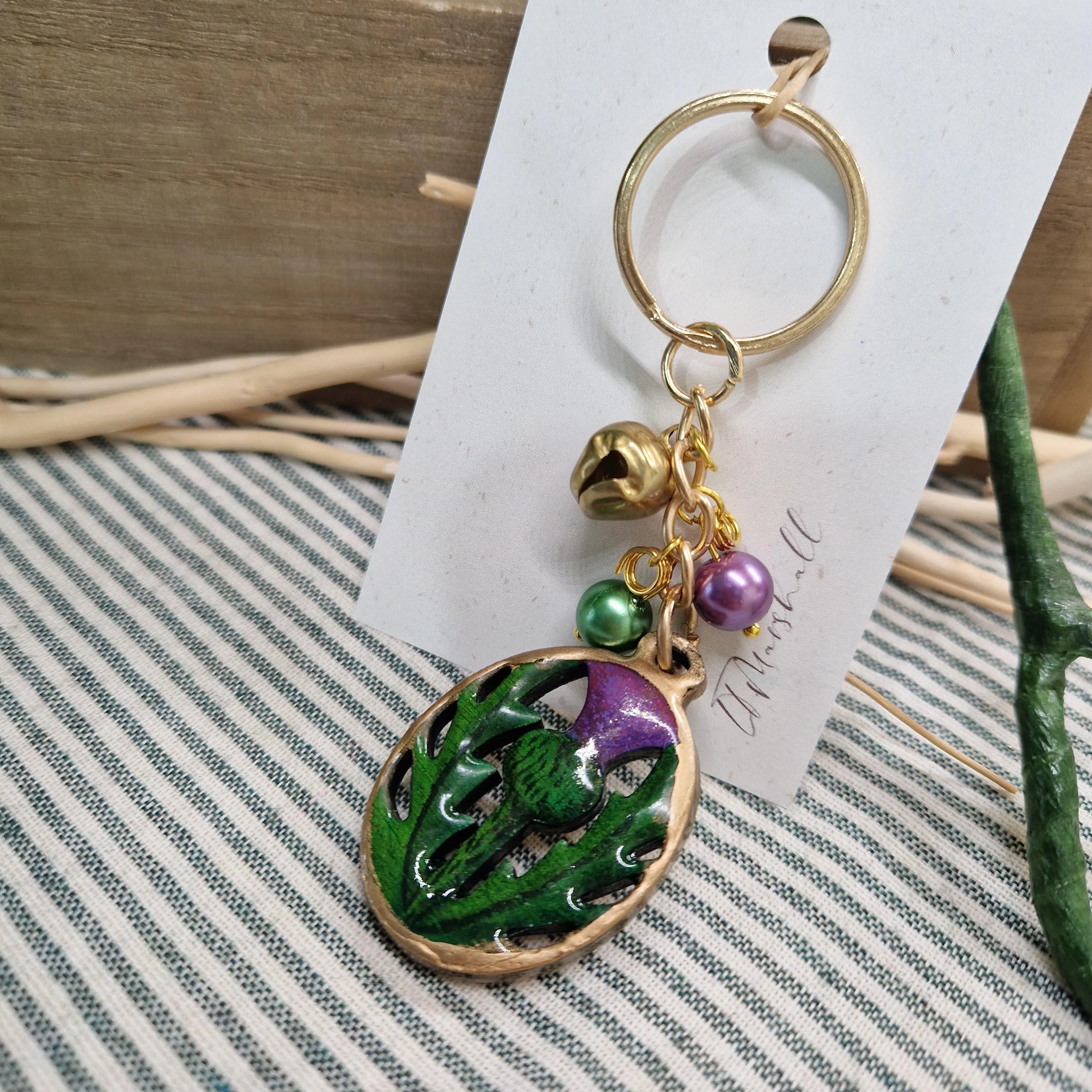 Handmade Thistle Keyring – Wood & Resin with Bell and Reclaimed Beads