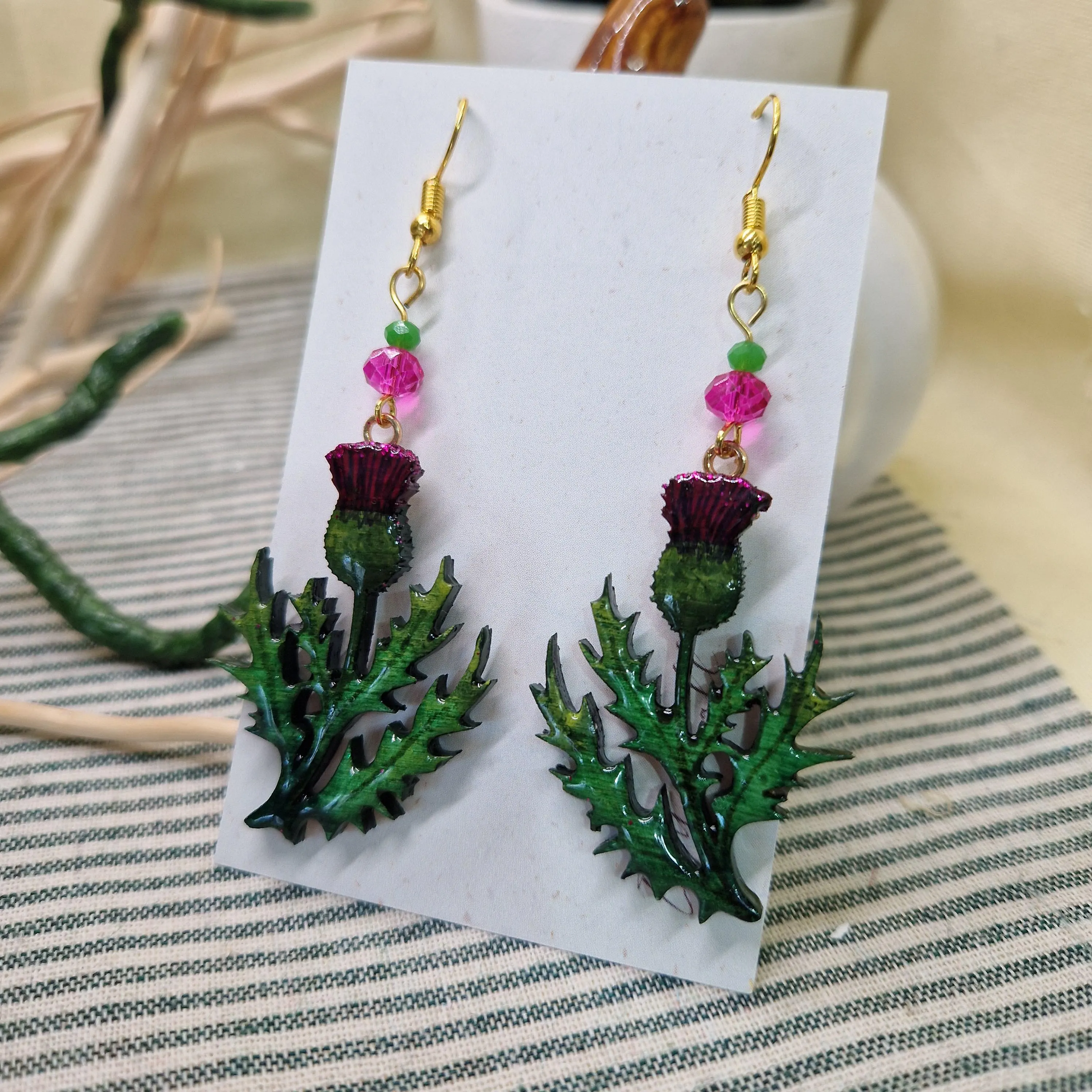 Handmade Thistle Earrings – Wooden & Resin Enamel with Vintage Glass Beads | Botanical Earrings | Scottish Flower Jewellery | Choose style