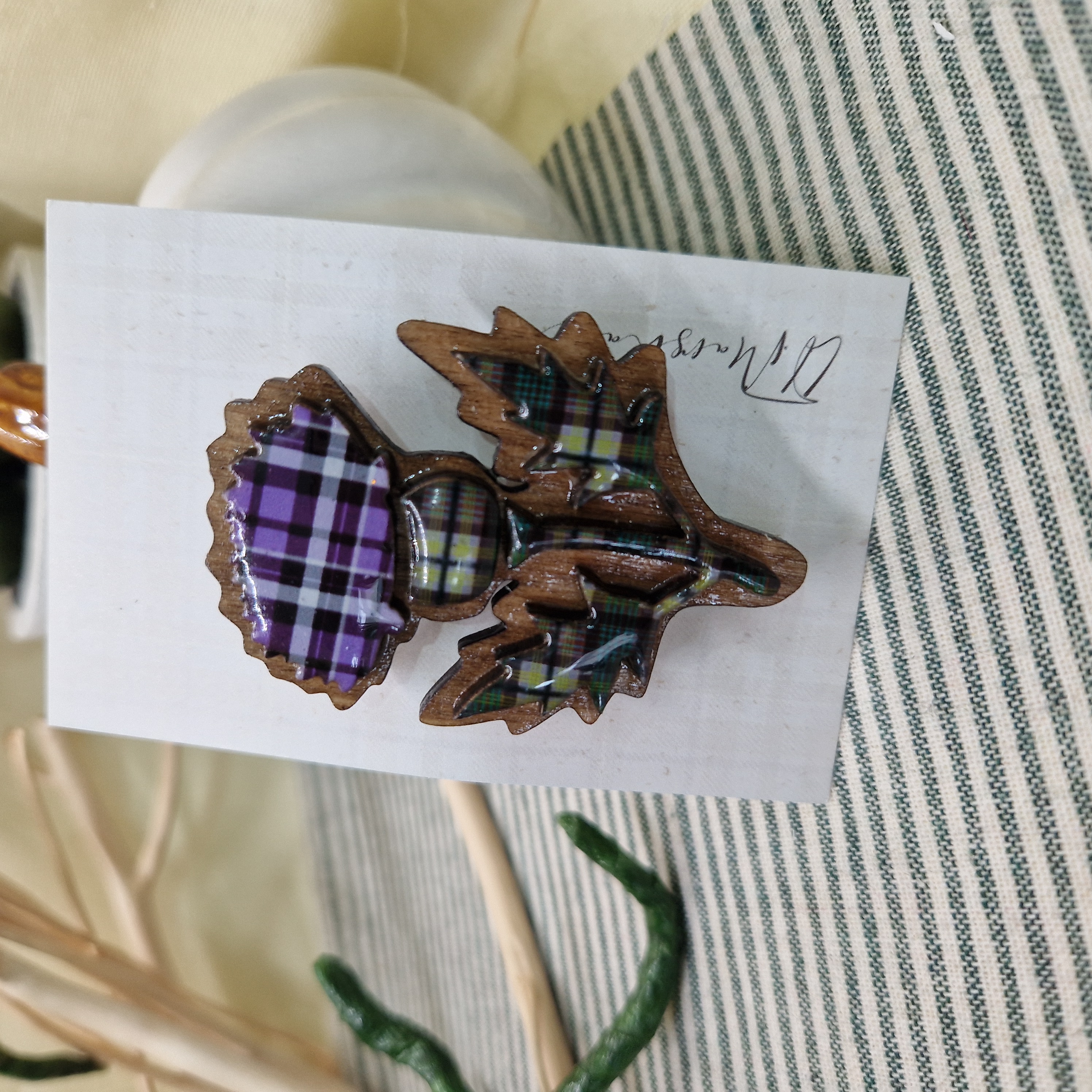 Handmade Scottish Thistle Brooch in Tartan Wood and Resin – Unique Scottish Gift, Celtic Heritage Pin