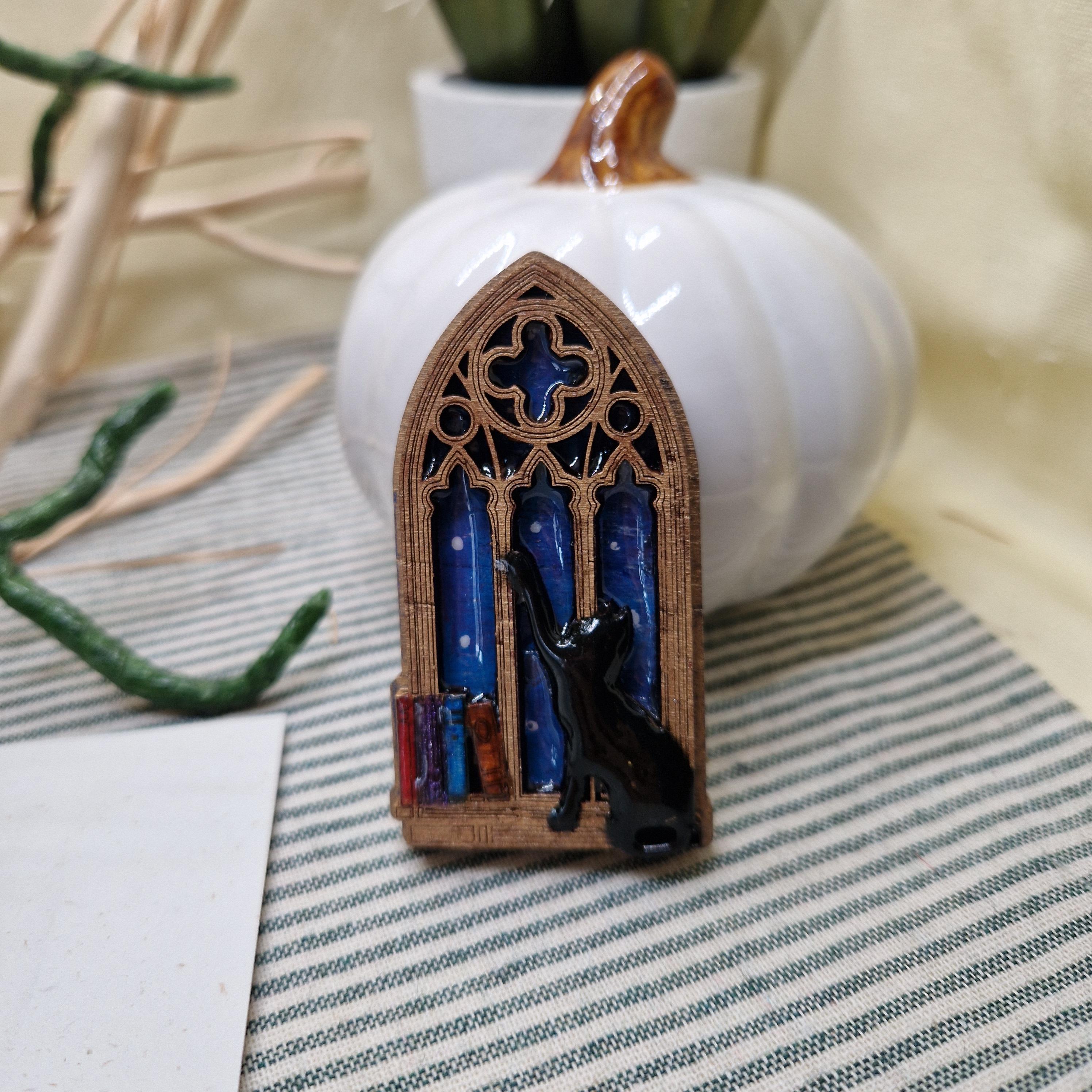 Gothic Window Cat Brooch – Handmade Wood Resin Pin – Starry Night Familiar Brooch – Witchcore Gothic Cottagecore Gift