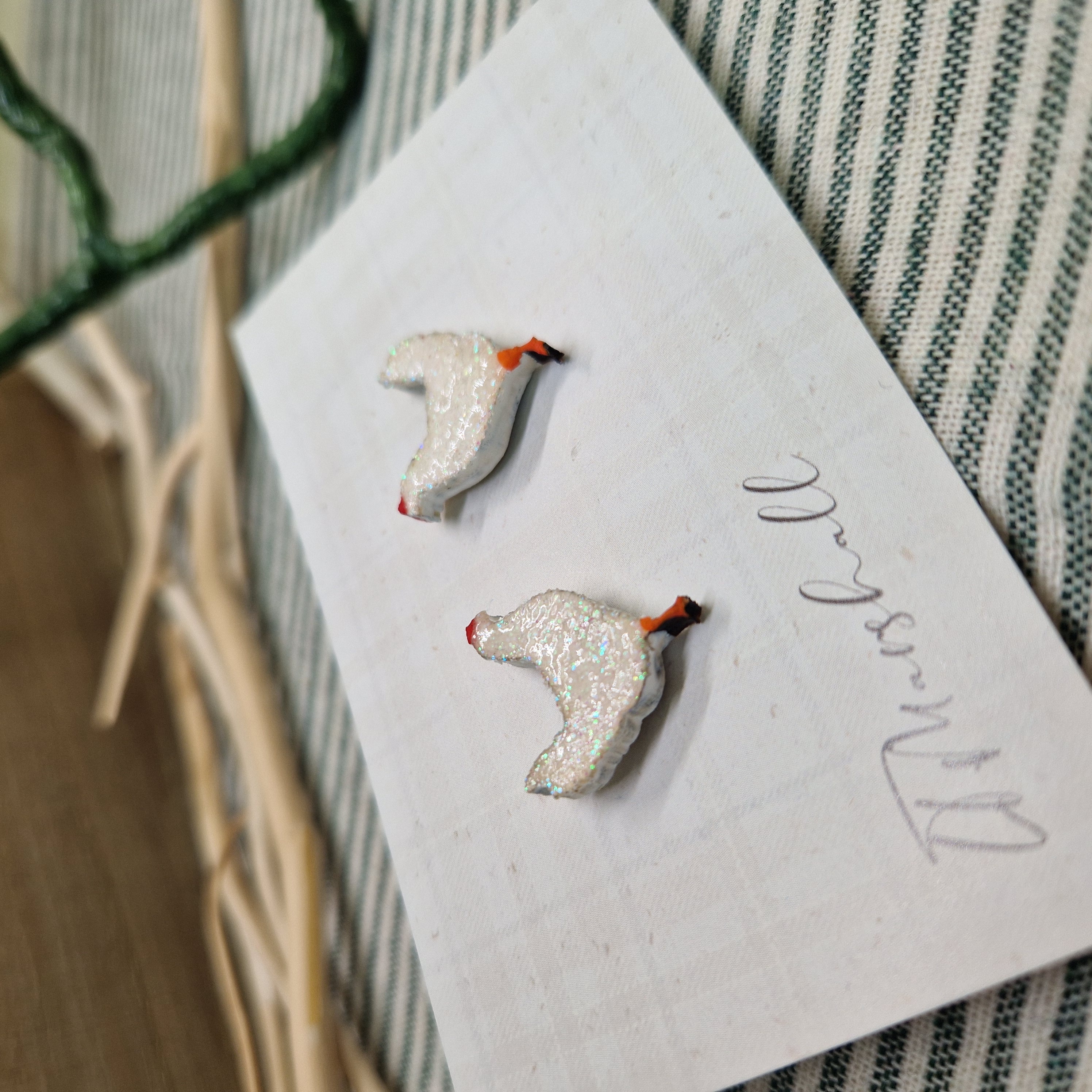 Handmade Chicken Earrings in Wood and Glitter – Farm Animal Studs, Cottagecore Folk Jewelry