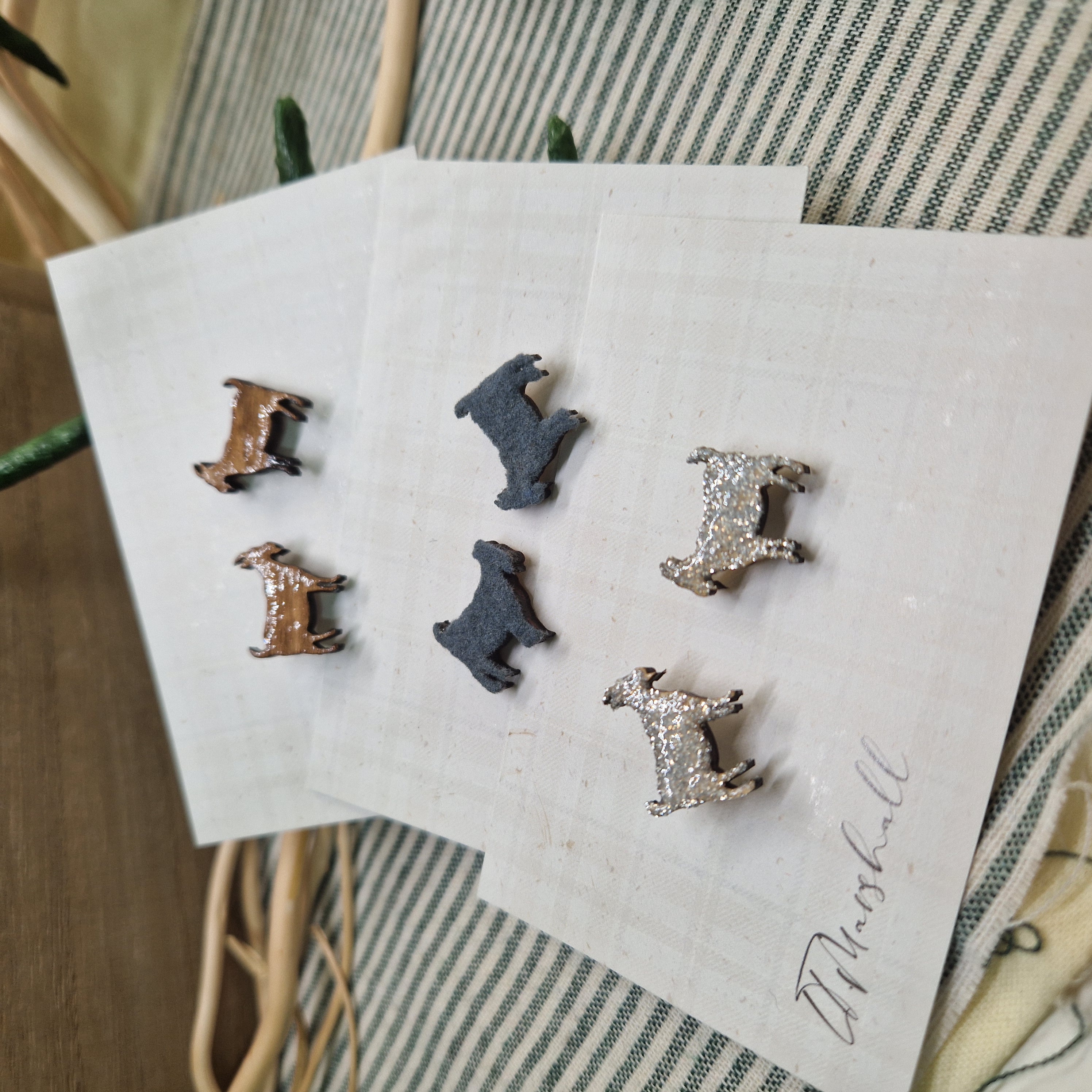 Handmade Goat Earrings – Wooden Studs in Flocked, Glitter or Stained Finish, Scottish Farm Jewelry
