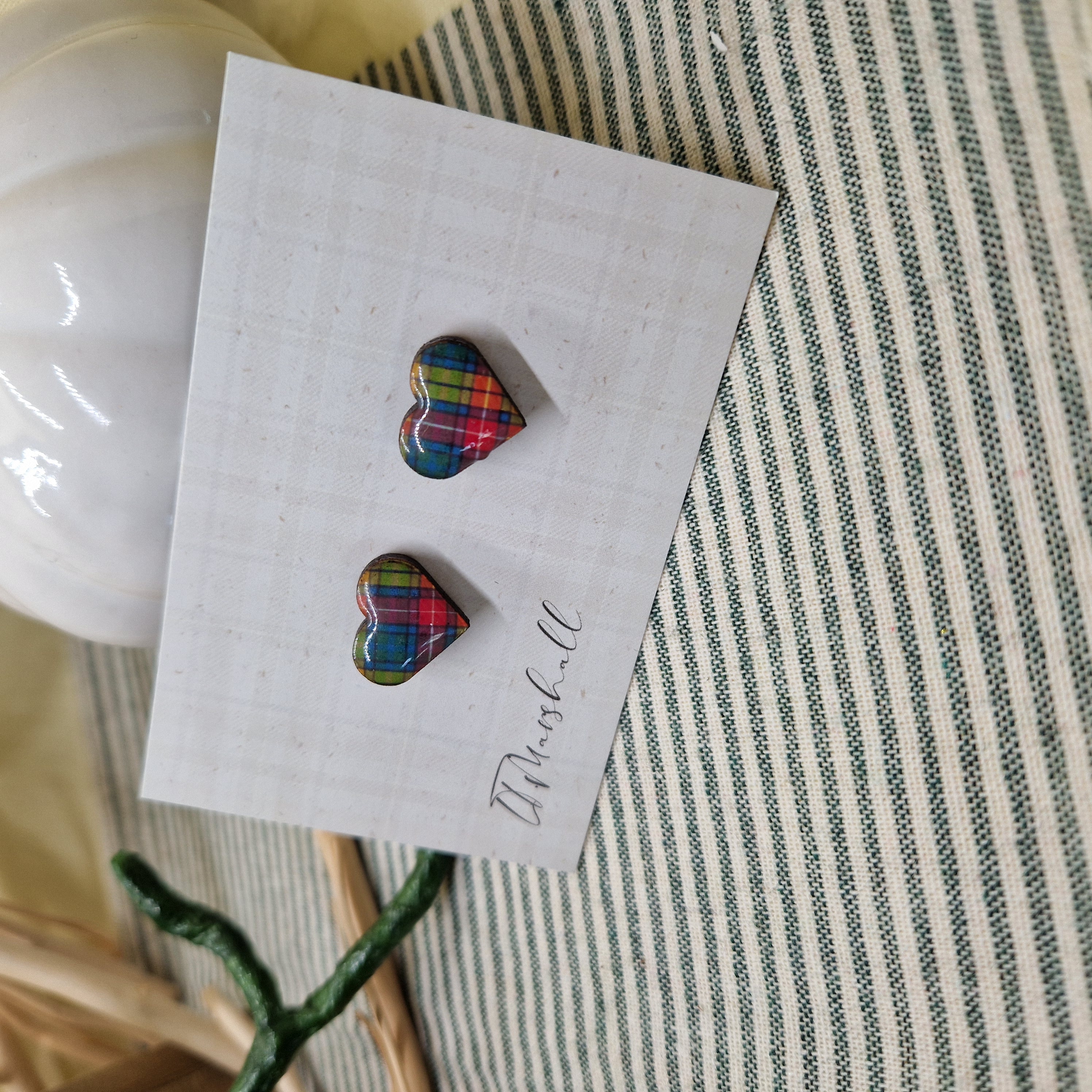 Handmade Tartan Heart Earrings – Wooden Studs with Resin Finish, Scottish Pride Jewelry