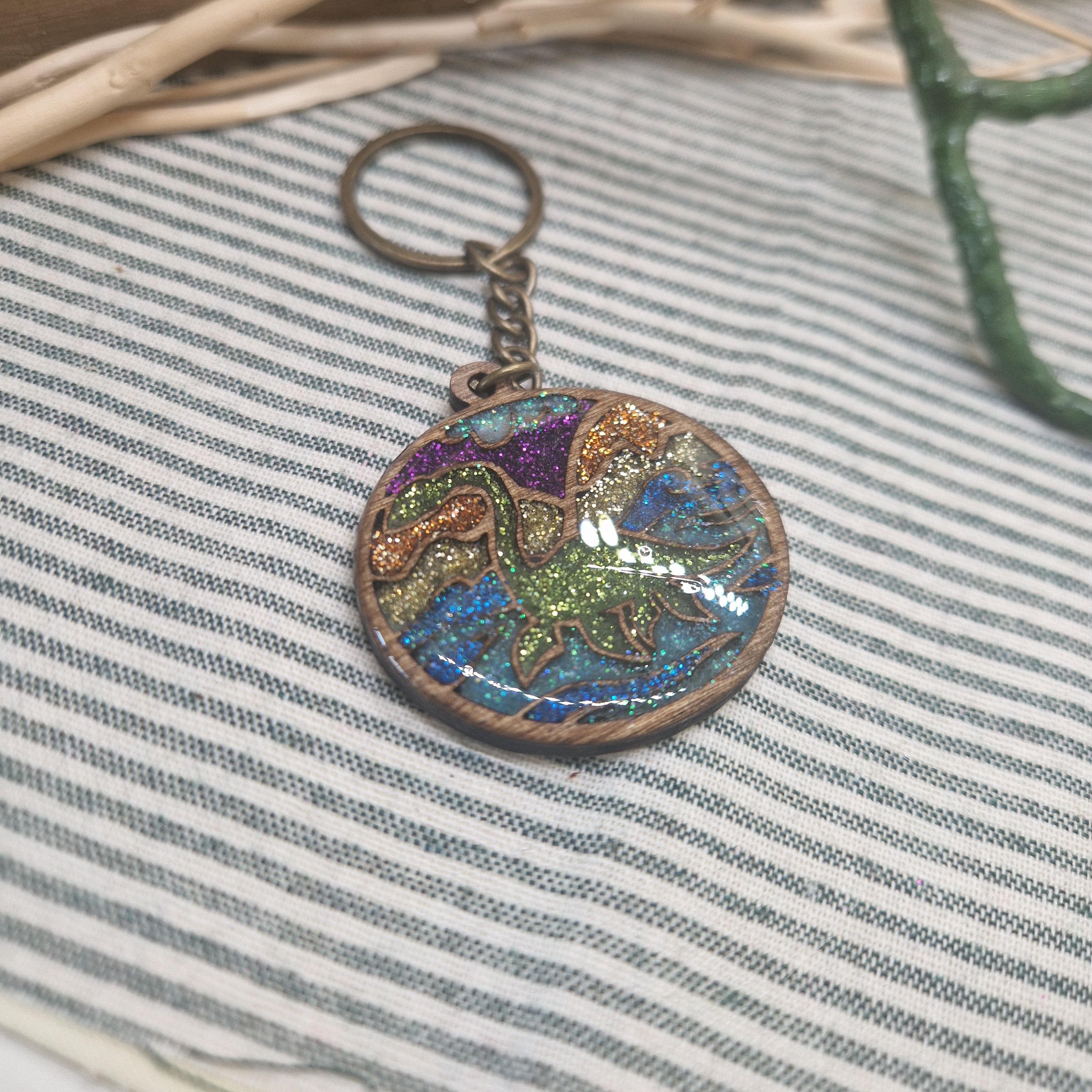 Nessie Keyring | Handmade Wood & Resin Keychain | Loch Ness Monster Glitter Charm | Scottish Myth Gift | Cryptid Accessory