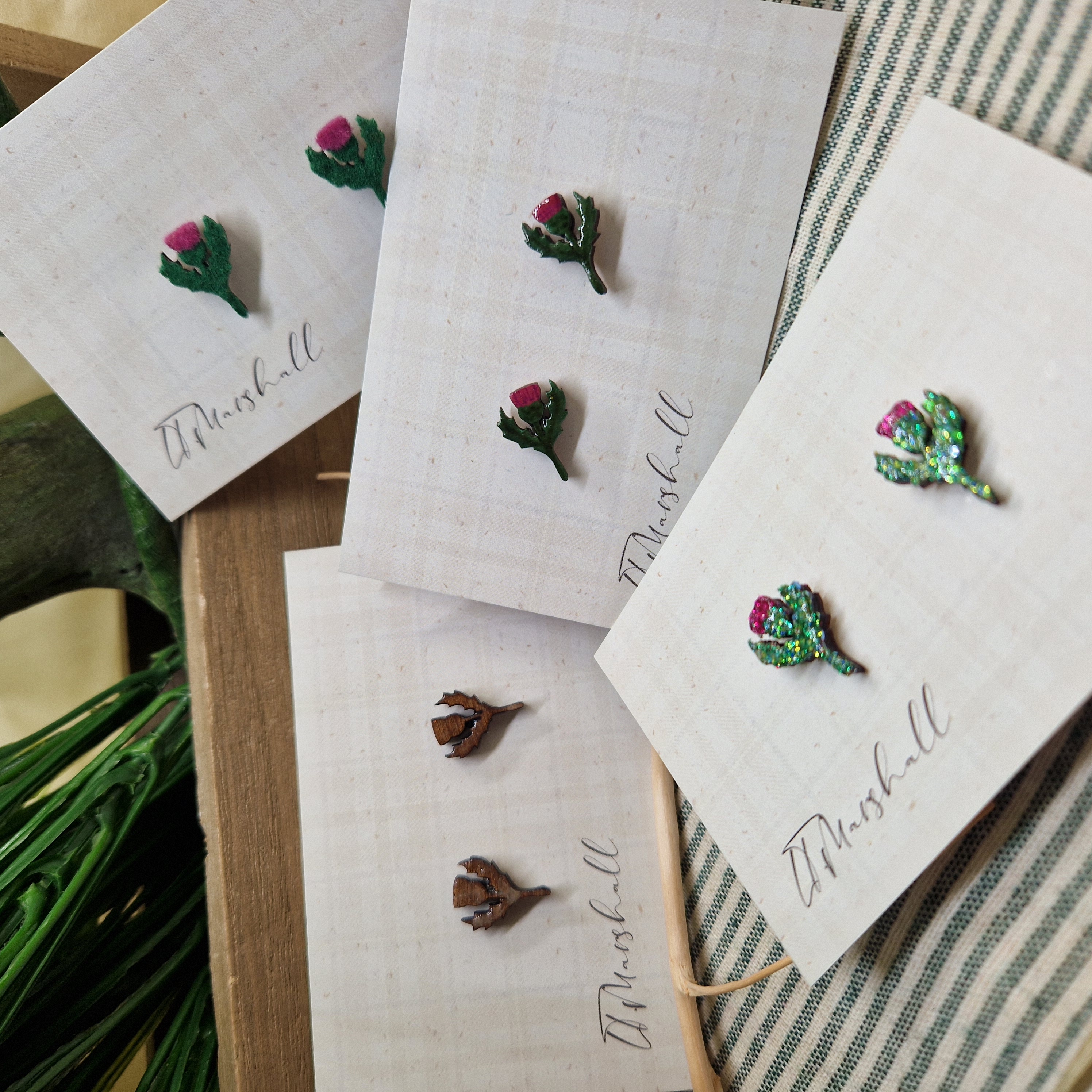 Handmade Scottish Thistle Earrings – Wooden Studs in Flocked, Glitter, Coloured or Stained Finish, Heritage Jewelry