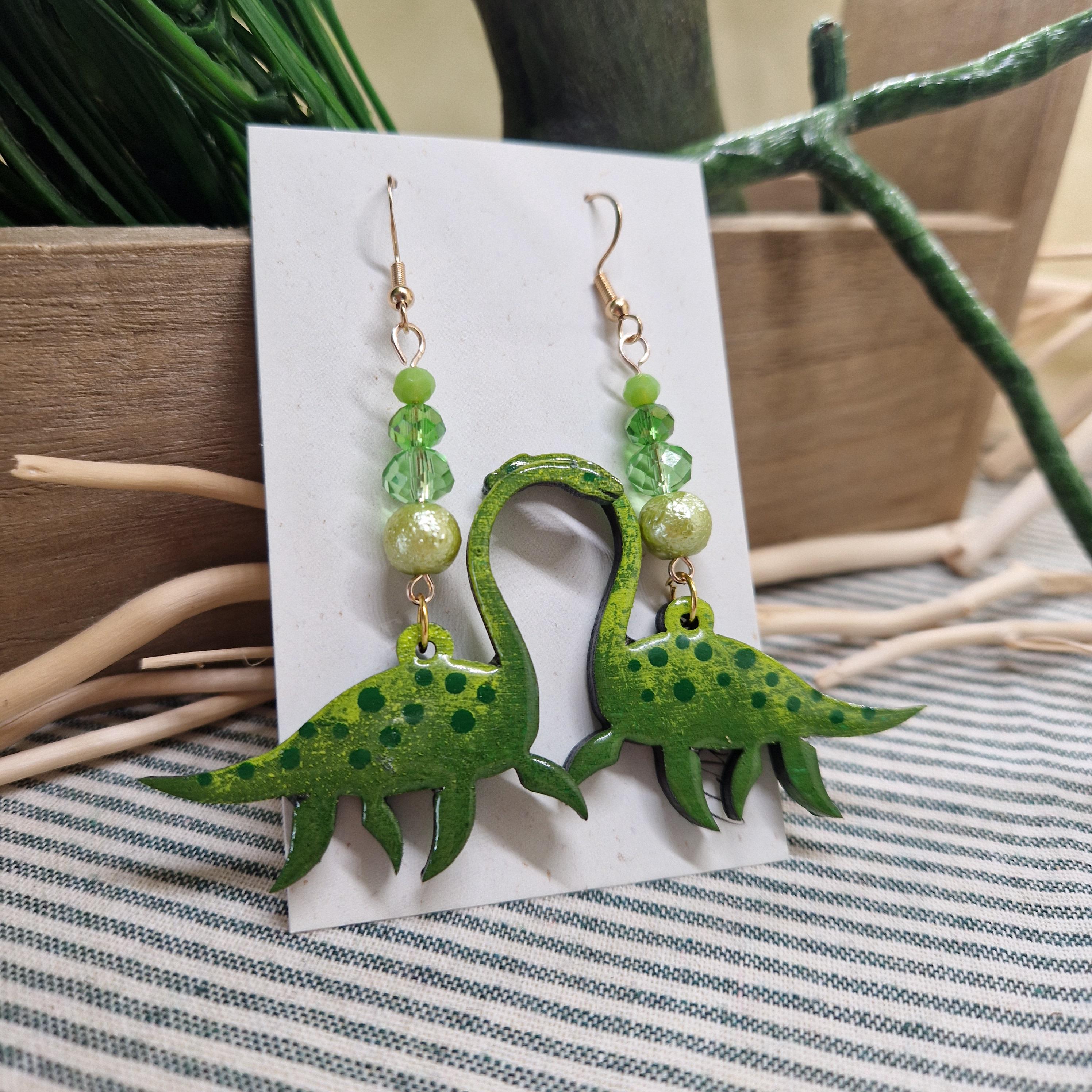 Handmade Loch Ness Monster Earrings – Wood & Resin with Salvaged Beads – Quirky Scottish Gift