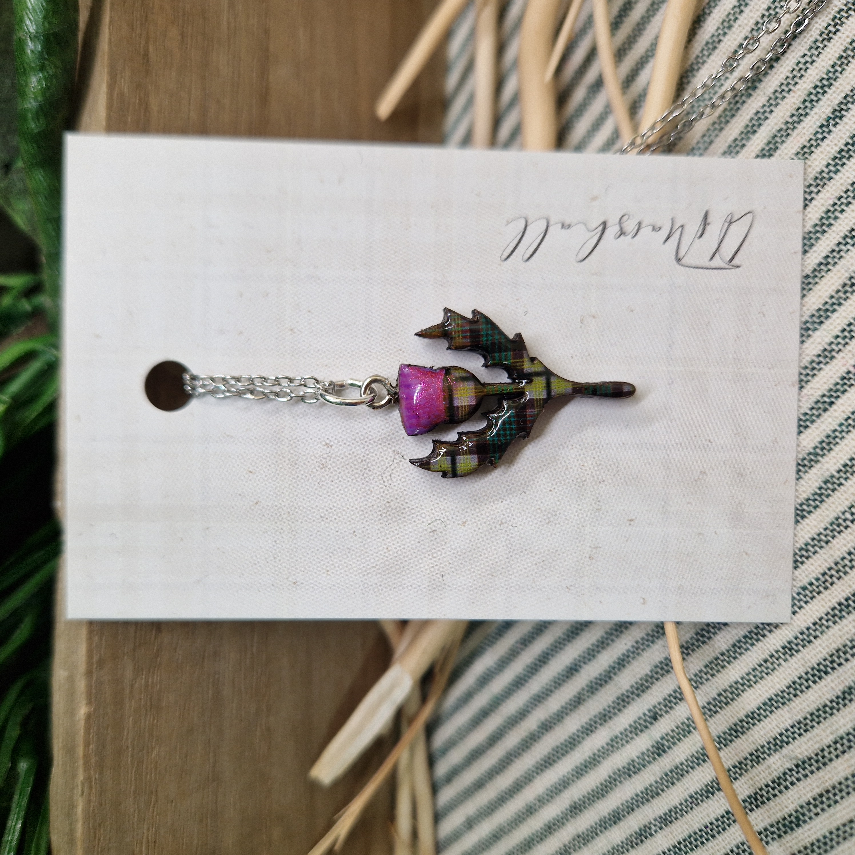 Handmade Scottish Thistle Necklace – Tartan Resin Pendant on Stainless Steel Chain