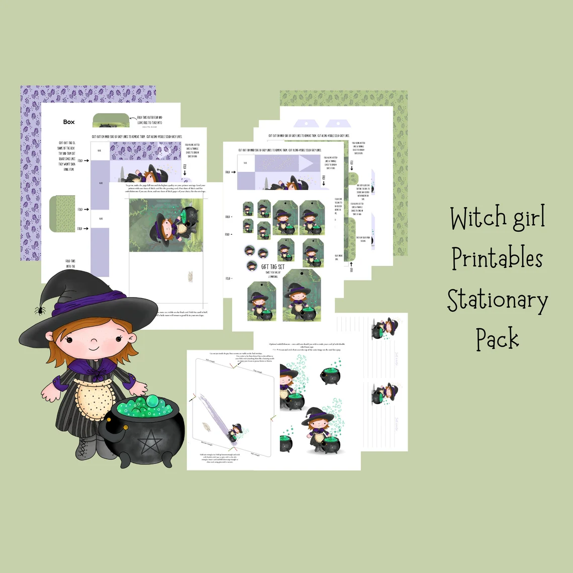Sweet witch girl printables - Card, envelope, notelets, gift tags, gift box and gift bag. Original art