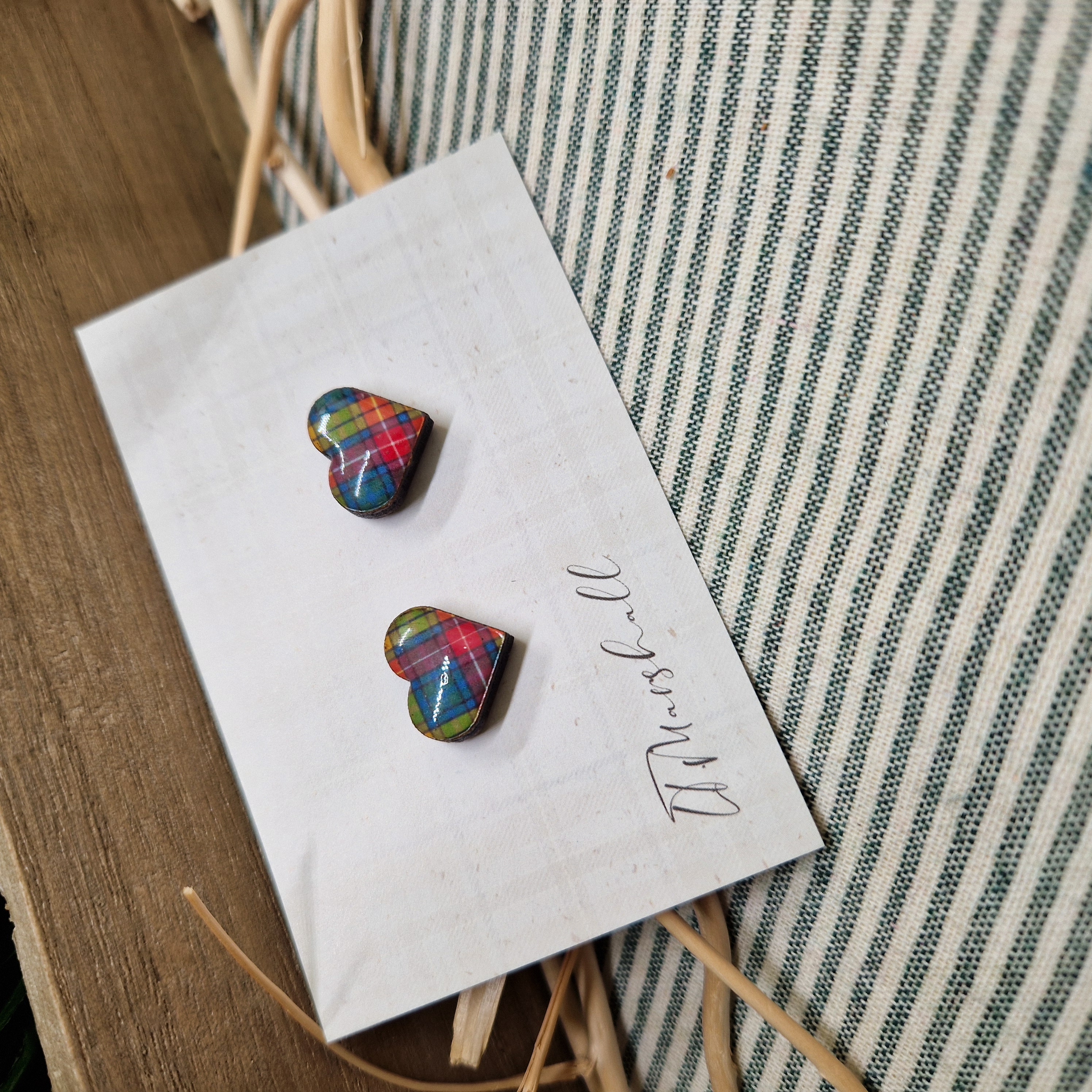 Handmade Tartan Heart Earrings – Wooden Studs with Resin Finish, Scottish Pride Jewelry