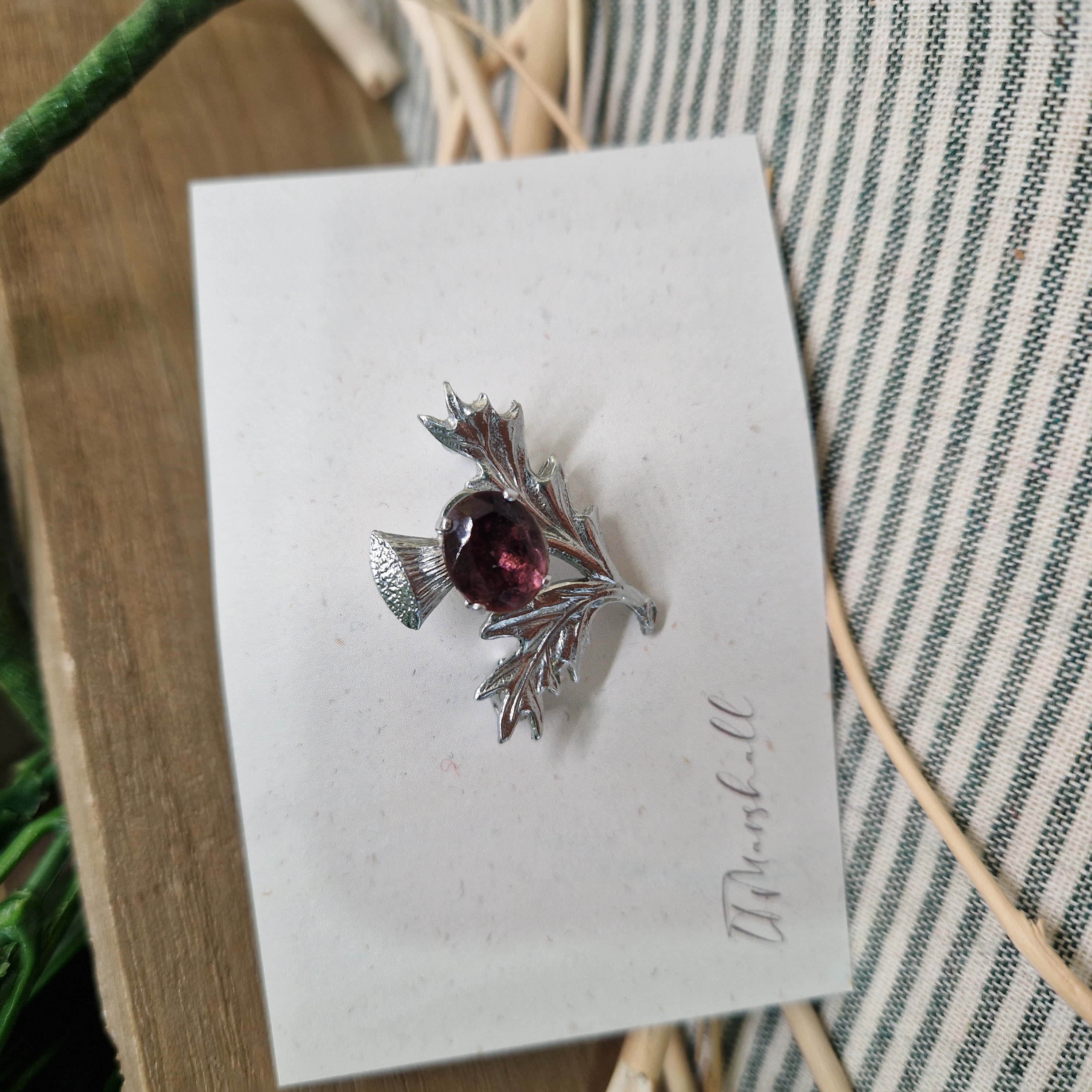 Restored Vintage Scottish Thistle Brooch with Purple Gem | Silver Tone Pin | Celtic Heritage Jewellery