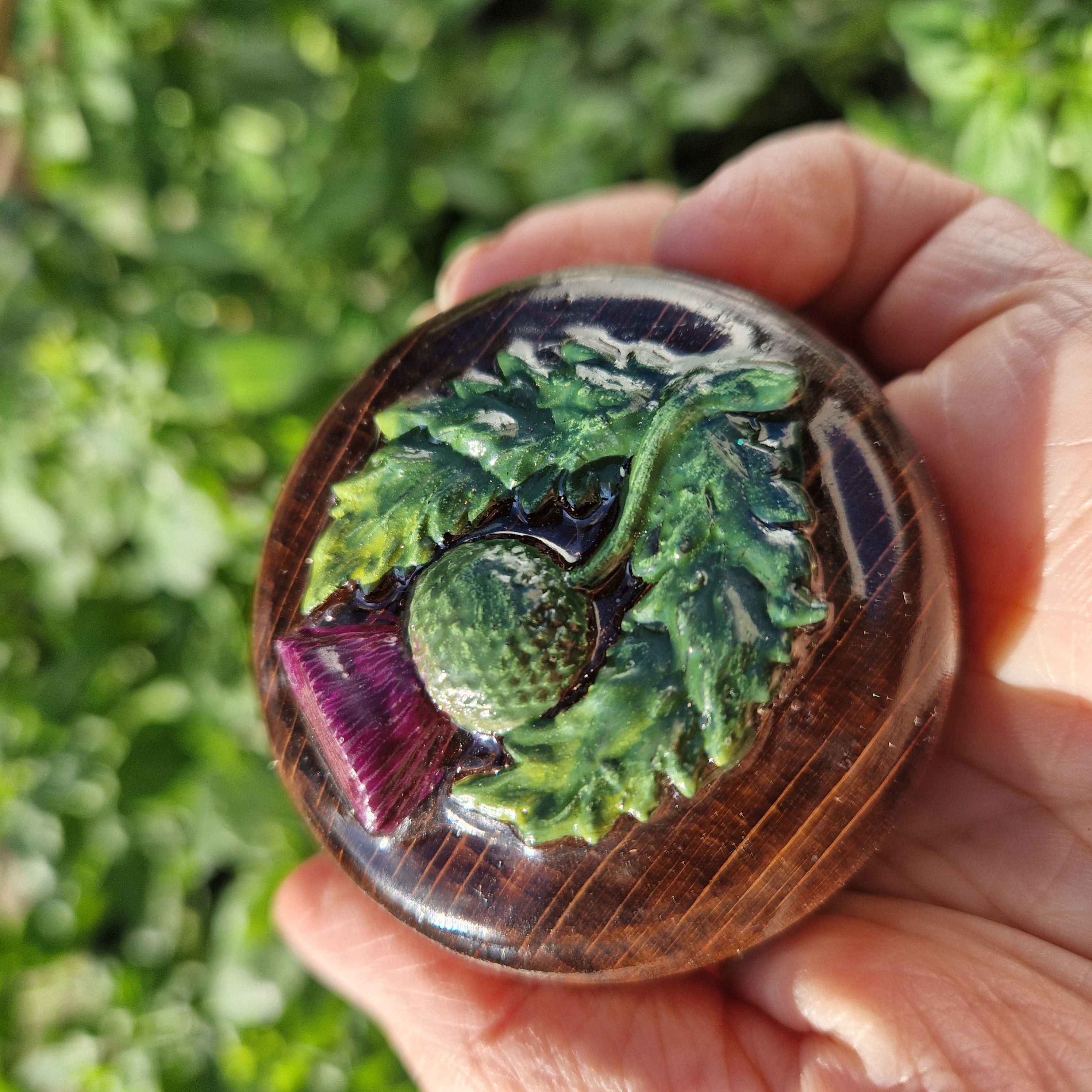 Handmade Wooden Trinket Box with Hand Painted Scottish Thistle – Small Pill or Keepsake Holder