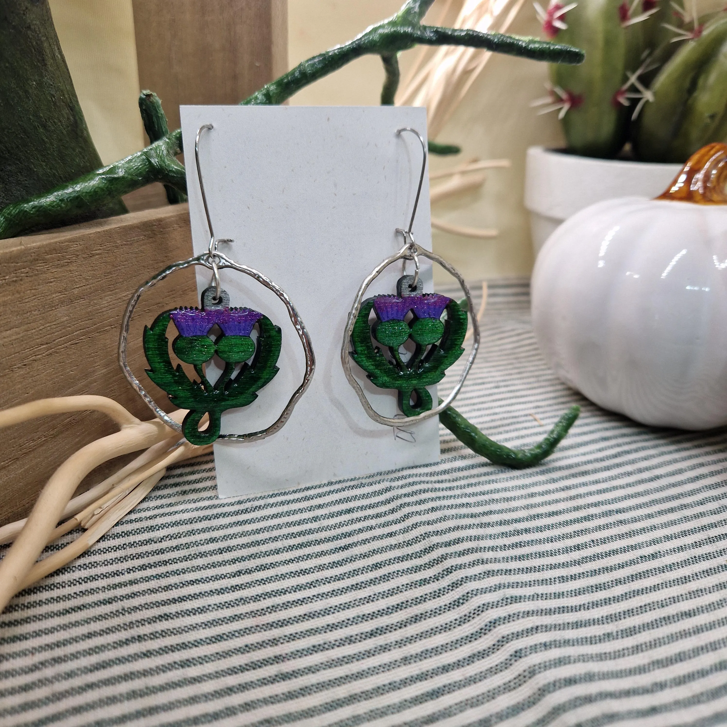 Scottish Thistle Earrings – Wood & Resin Statement Earrings – Lightweight Metal Hoop Dangles – Handmade Scotland Gift