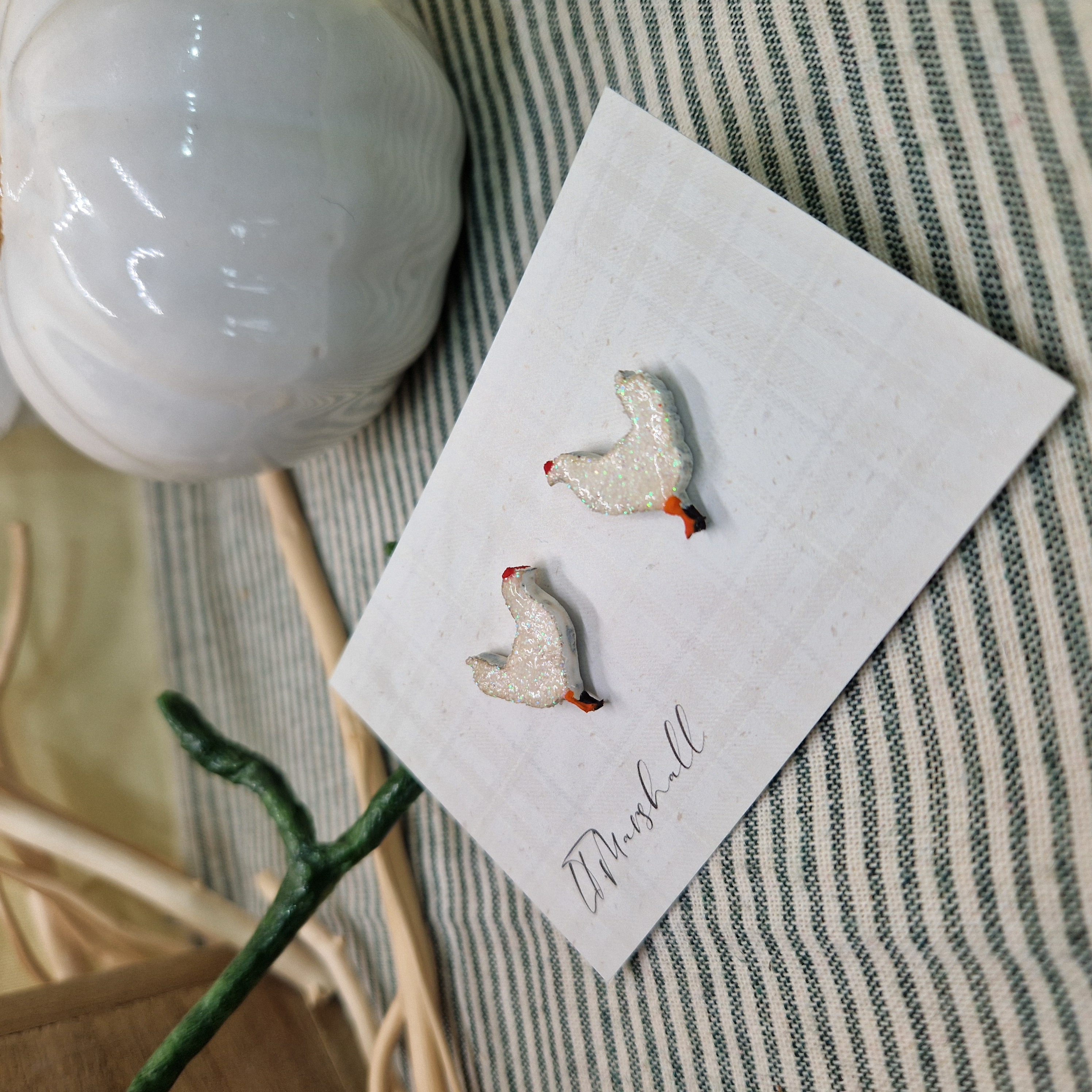 Handmade Chicken Earrings in Wood and Glitter – Farm Animal Studs, Cottagecore Folk Jewelry